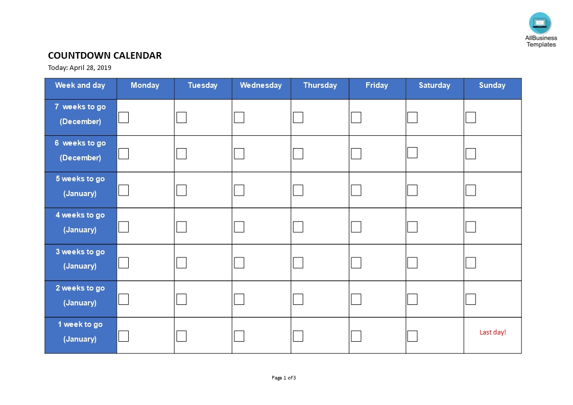 Printable Countdown Calendar | Templates At Remarkable How To Create A Countdown Calendar In Excel