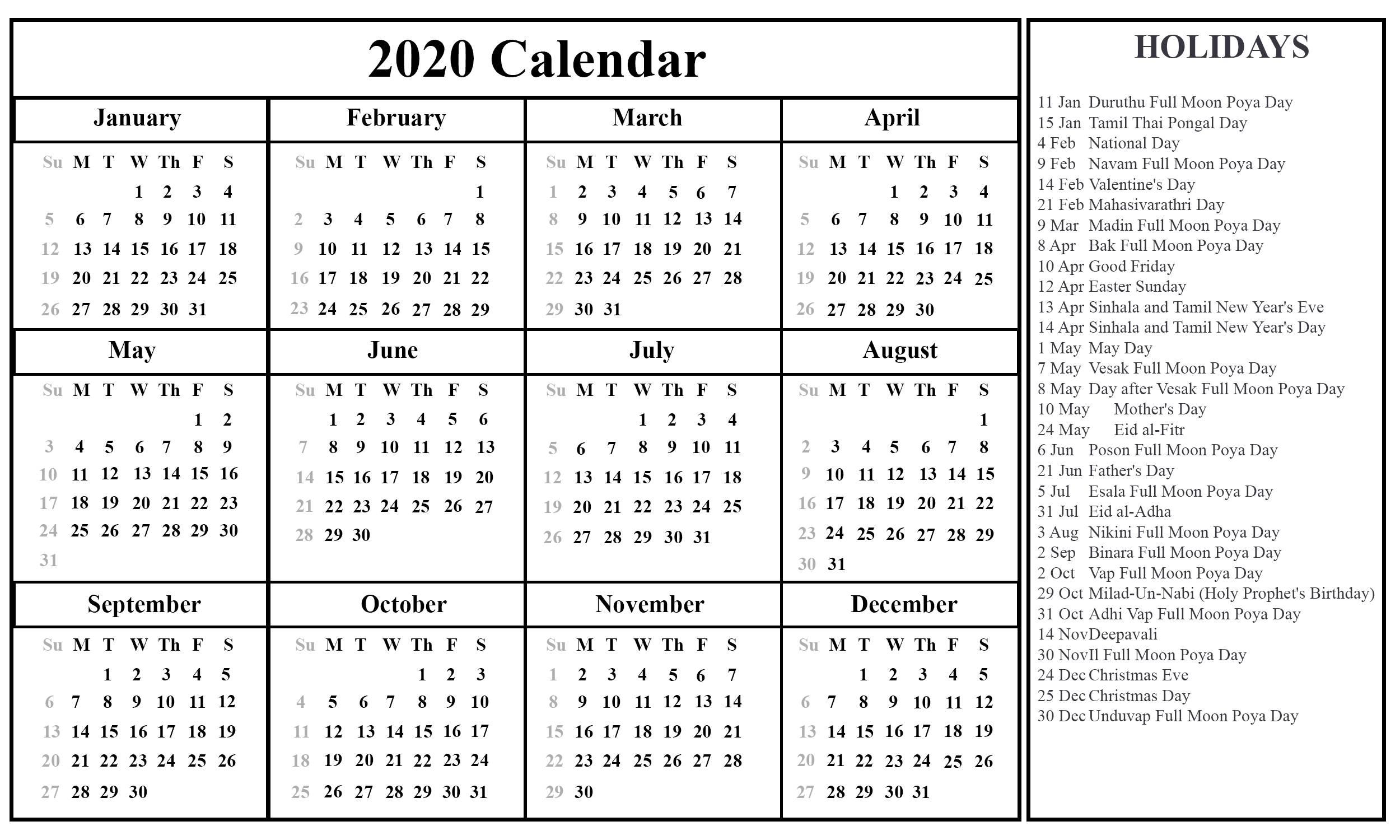 Printable December Calendar Template Singapore 2020 Calendar With Holidays
