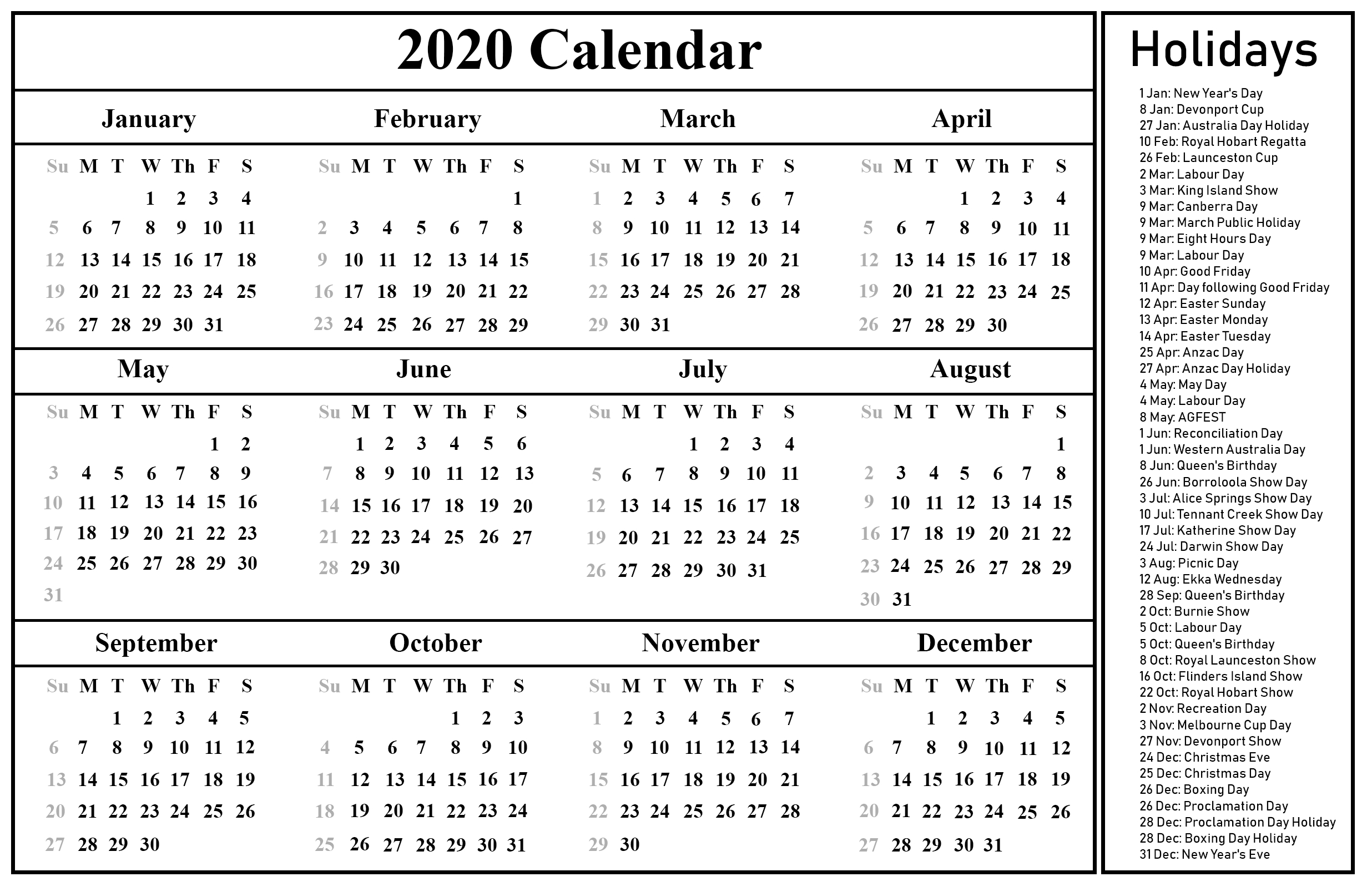 Printable Free Blank Australia 2020 Calendar [Pdf, Excel 2020 Calendar Australia With Holidays
