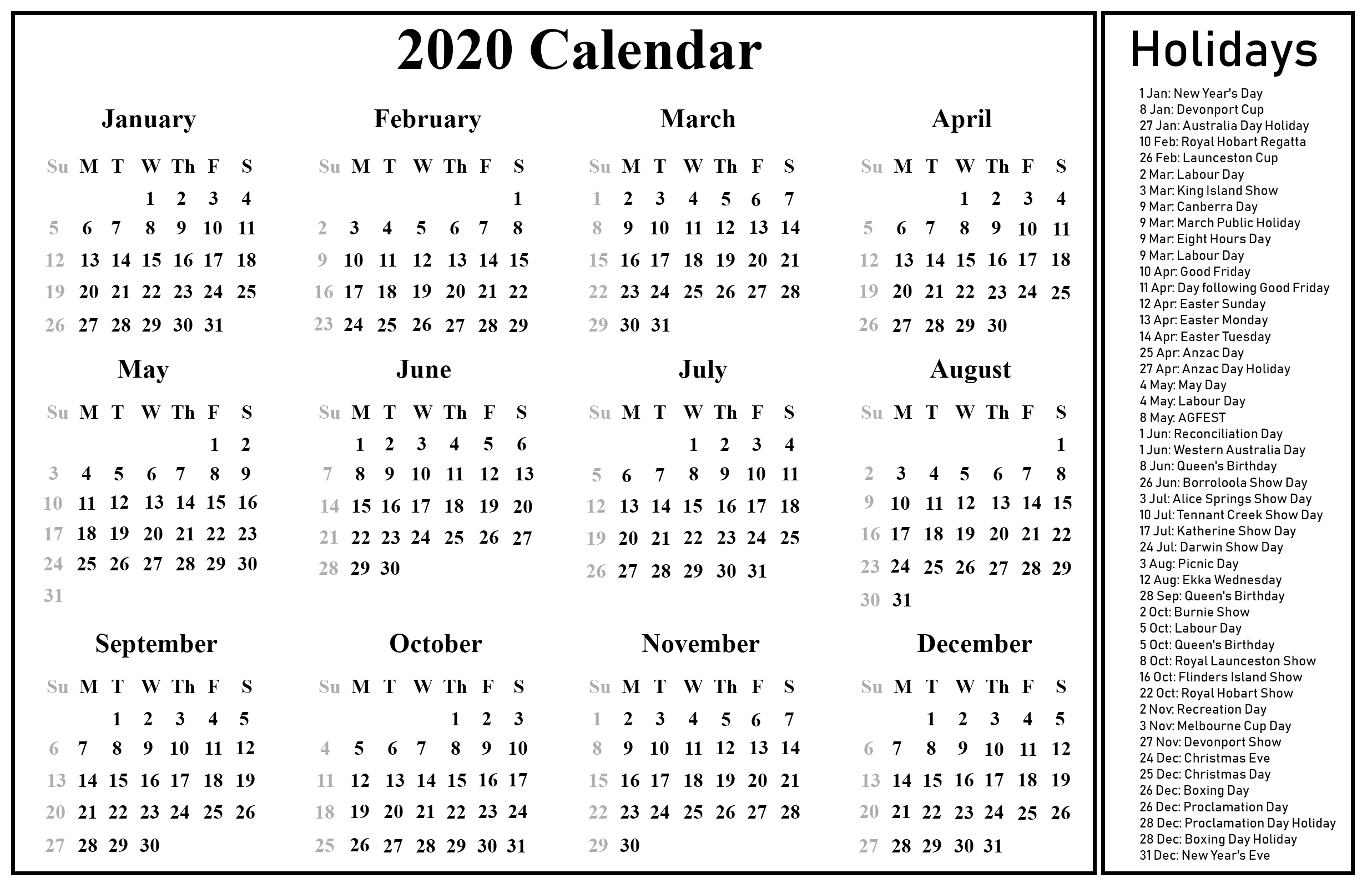 Printable Free Blank Australia 2020 Calendar [Pdf, Excel Dashing 2020 Calendar South Australia Template