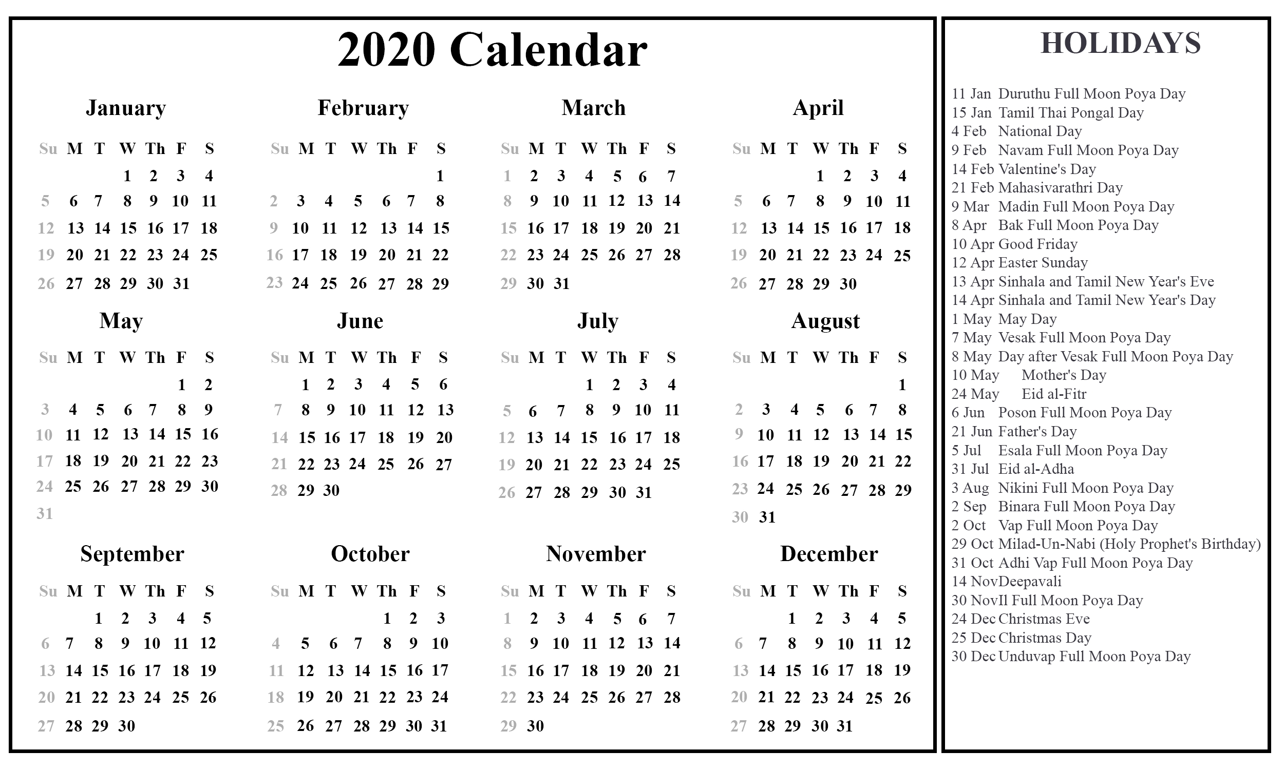 Printable Free Download Sri Lanka Calendar 2020 [Pdf, Excel Printable List Of 2020 Holidays List
