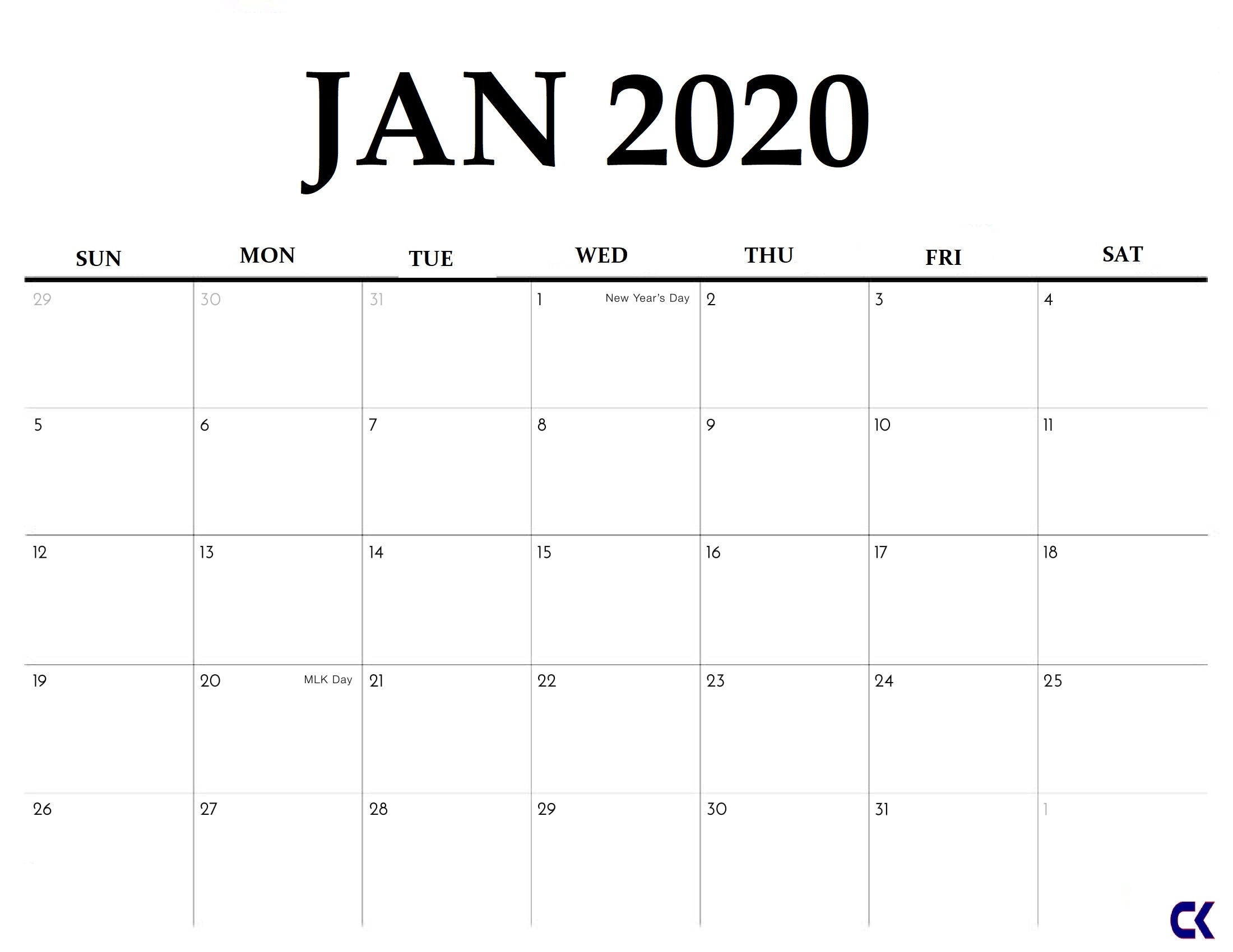 Printable January 2020 Calendar - Exceptional 2020 Black And White Free Printable Calendar