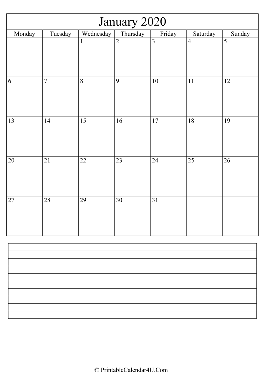 Printable January Calendar 2020 With Notes (Portrait) Blank Calendar 2020 Monthly Portrait