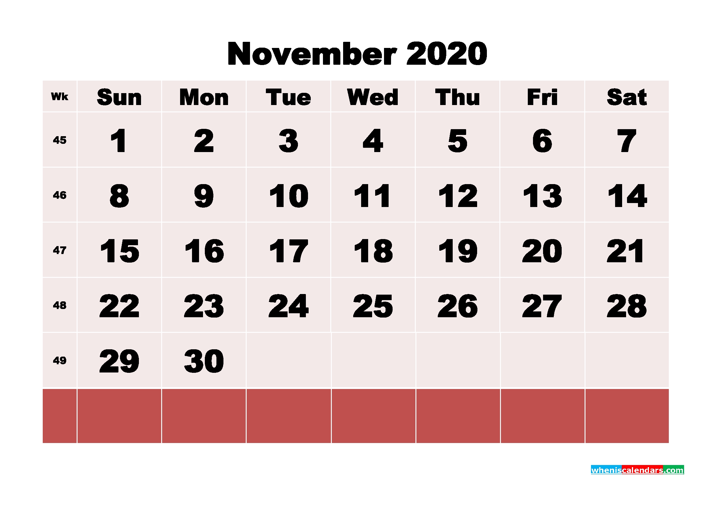 Printable Monthly Calendar 2020 November With Week Numbers 2020 Calendar Template That Has Days Numbered
