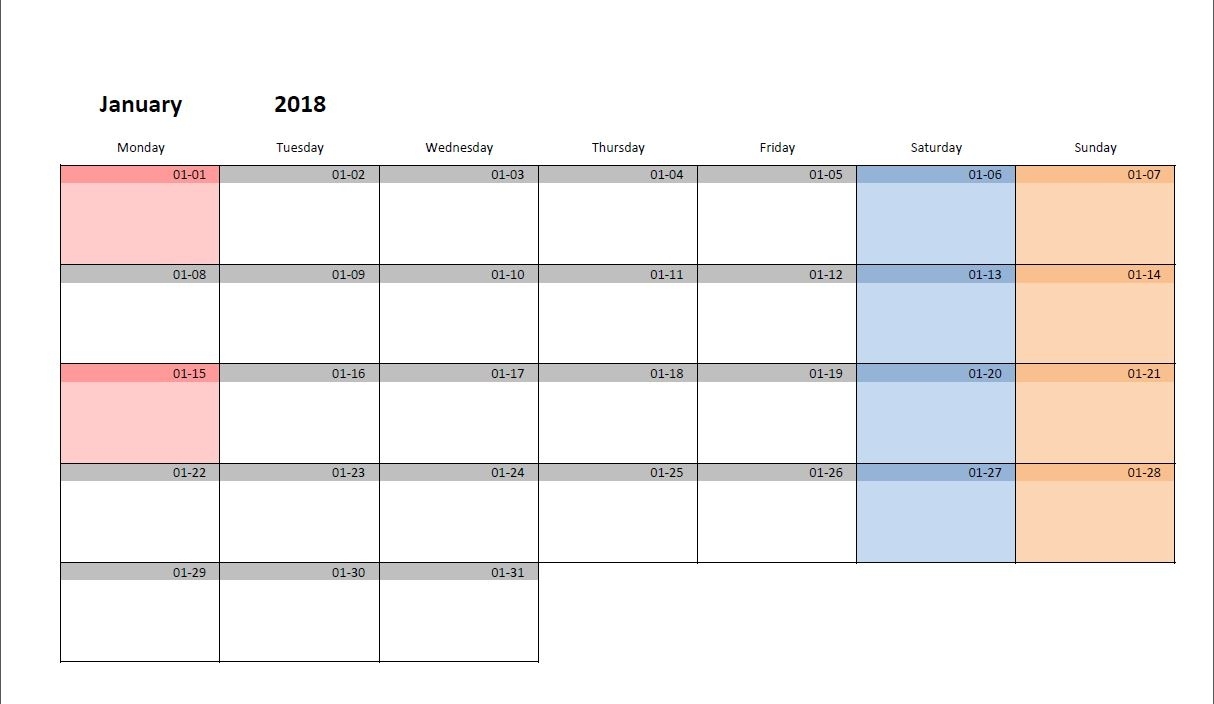 Printable Monthly Calendar Template For Excel | Excel-Malin Excel Calendar Template That Starts Week On Monday