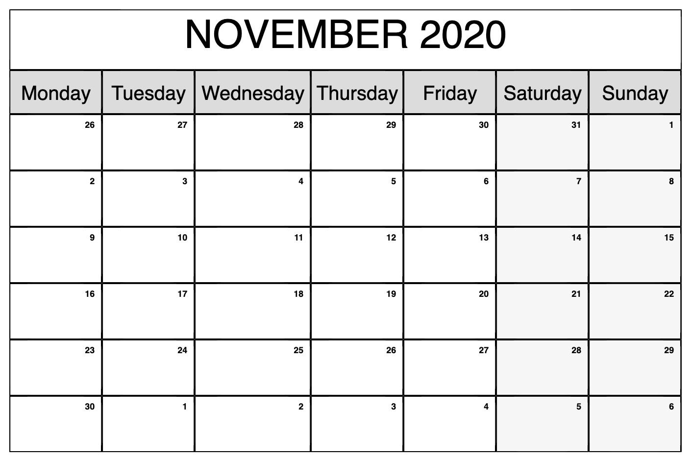 Printable November 2020 Calendar | Calendar, Custom Calendar Monday To Sunday Calendar To Fiull In