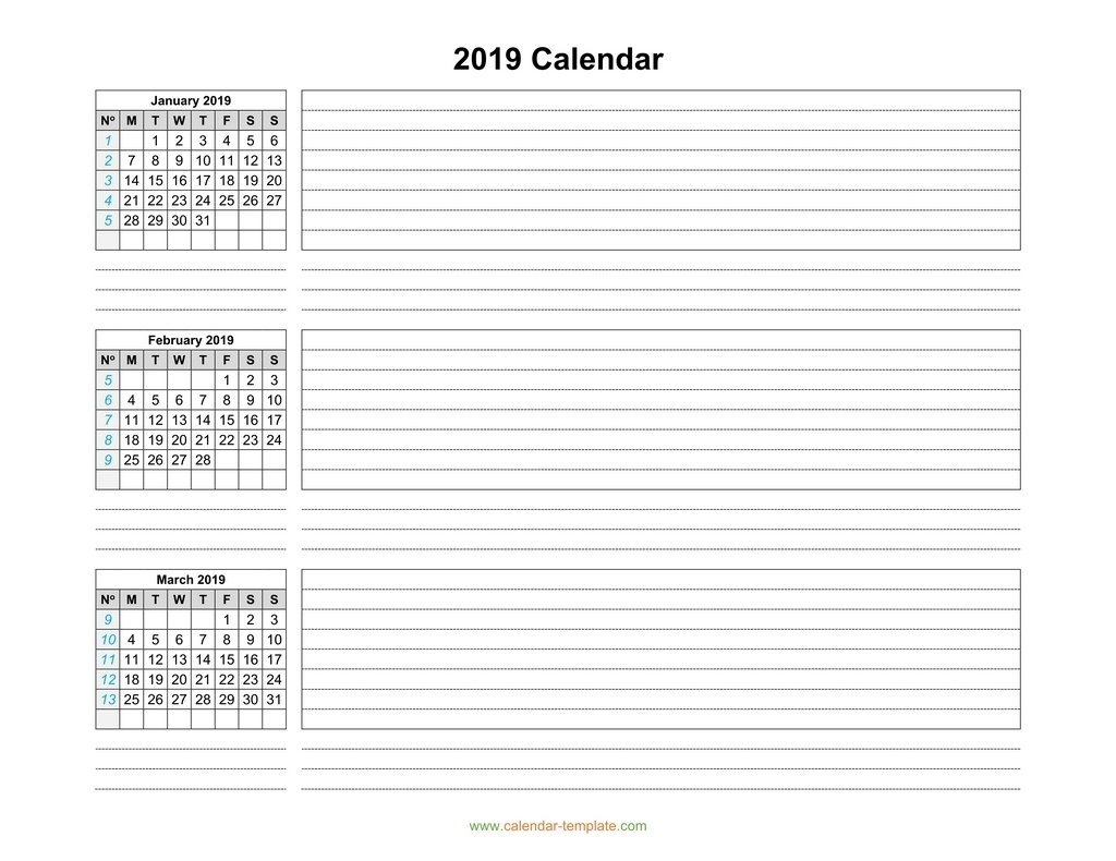 Quarterly Calendar 2019 Template, Three Months Per Page Calendar 2020 Printable Free Three Months Per Page