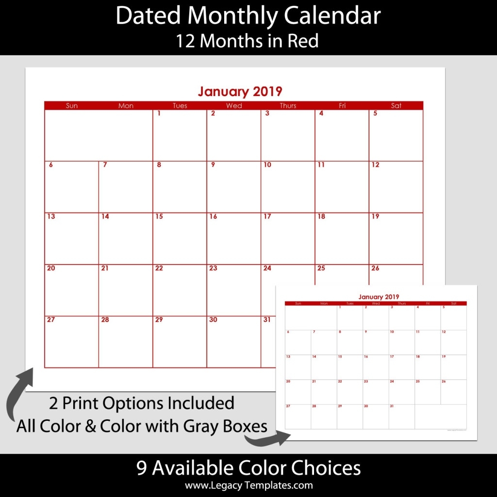 Red Dated Landscape Monthly Calendar 8.5 X 11 | Legacy Templates 8.5 X 11 Calendar Print