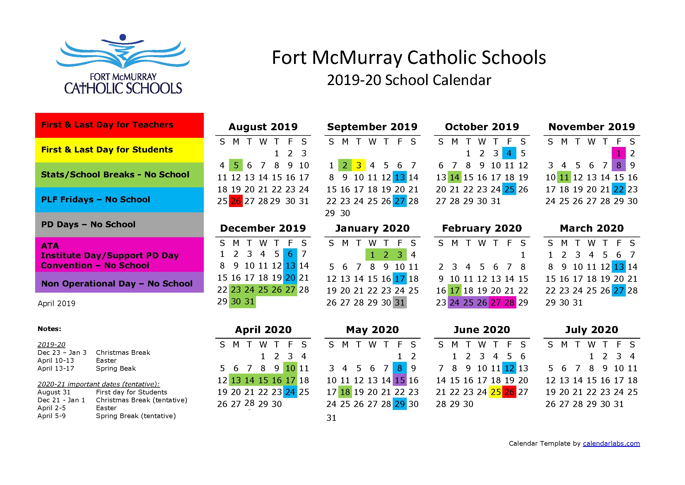 School Calendar 2019-2020 | Father Mercredi School 2020 Calendar Important Dates