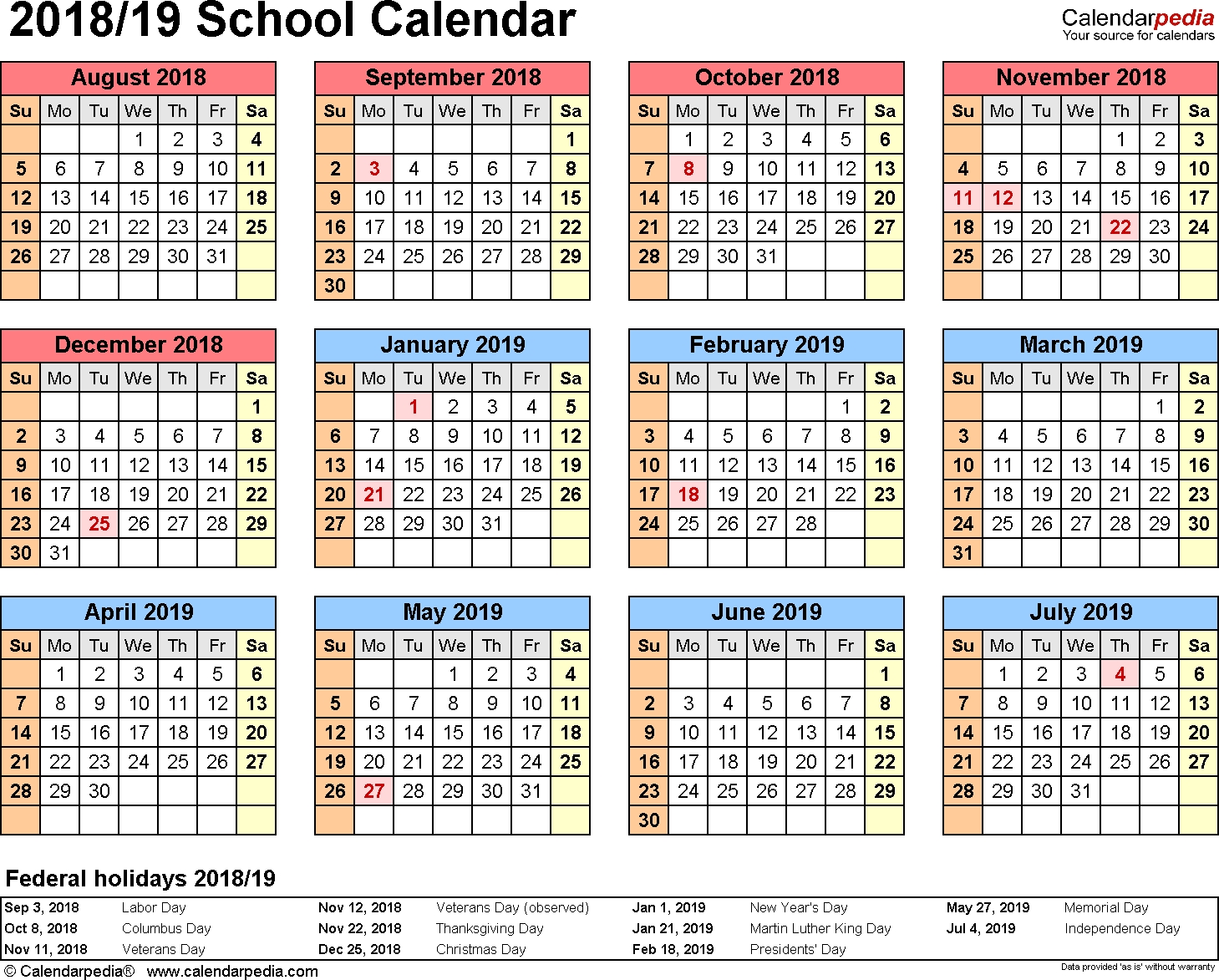 School Calendars 2018/2019 - Free Printable Word Templates School Calendar With Legal Holidays