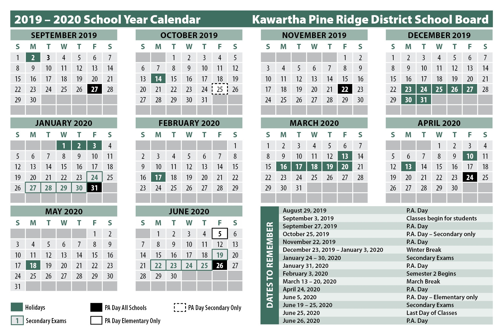 School Calendars 2020 Calendar Ontario Canada