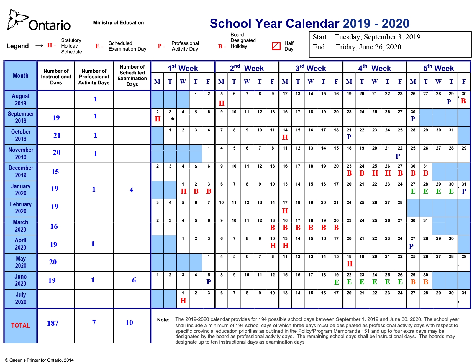 School Year Calendar 2019-2020 – Near North District School Dashing 2020 Ontario Calendar With Holidays