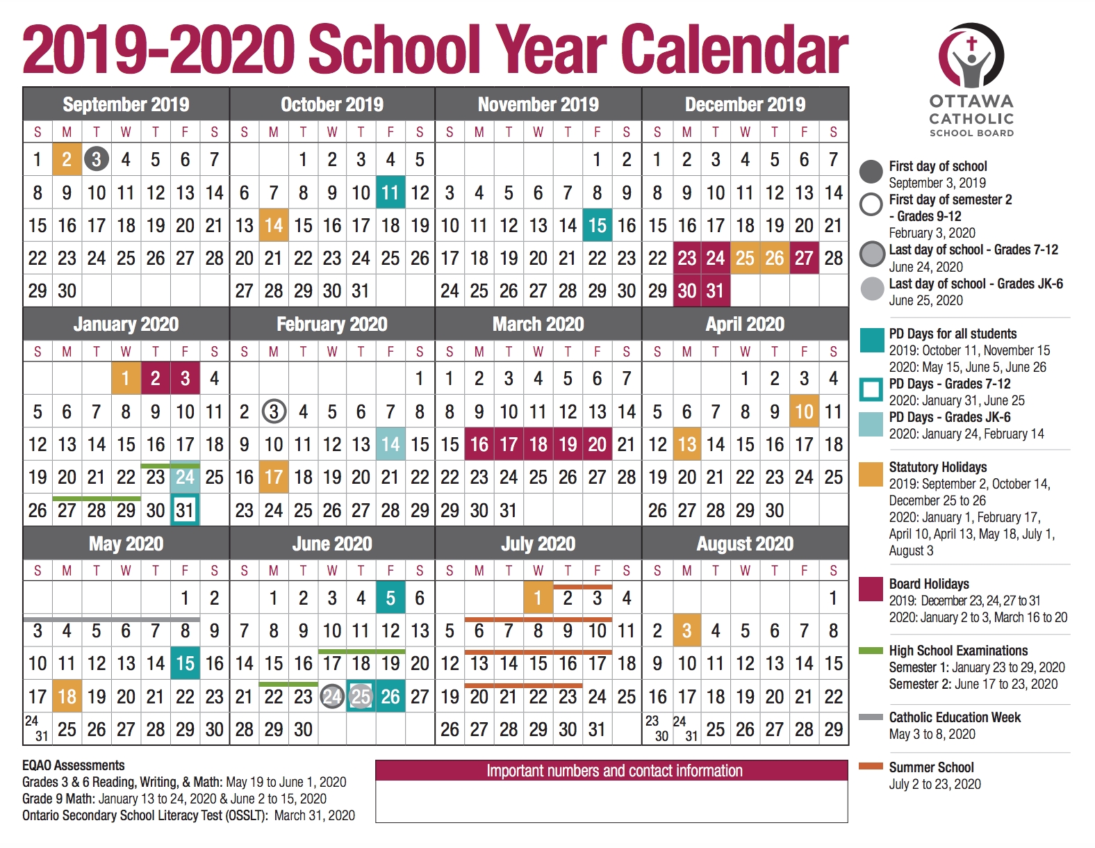 School Year Calendar From The Ocsb 2020 Ontario Calendar With Holidays