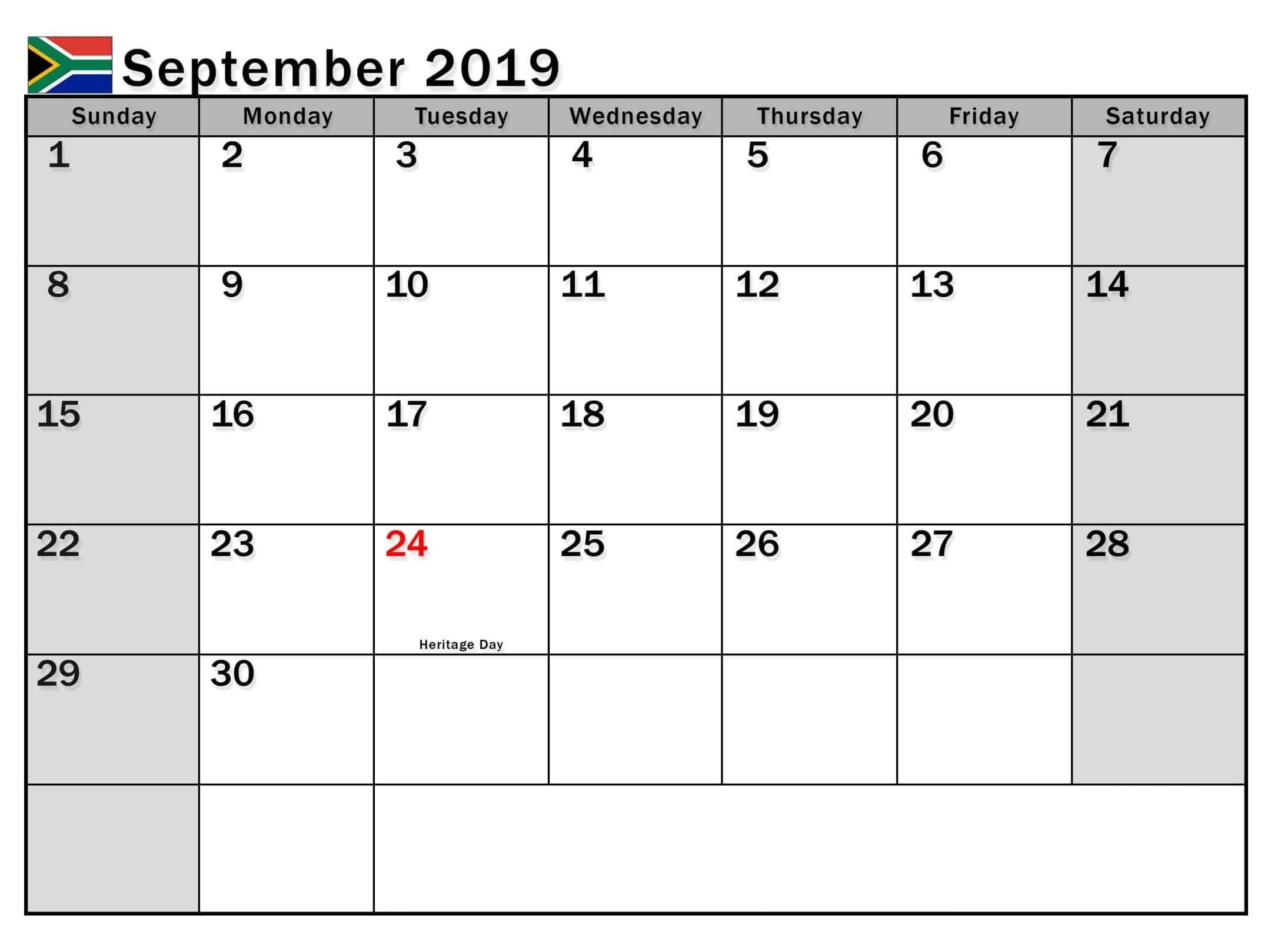 September 2019 Calendar With Holidays South Africa | Holiday Printable Desk Calender South Africa