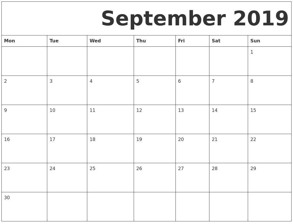 September 2019 Free Printable Calendar Perky Blank Calendar With Monday Start