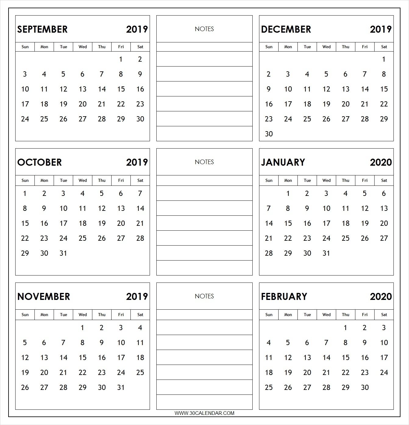 September 2019 To February 2020 Calendar Printable | 6 Month Dashing 6 Month Blank Calendar 2020