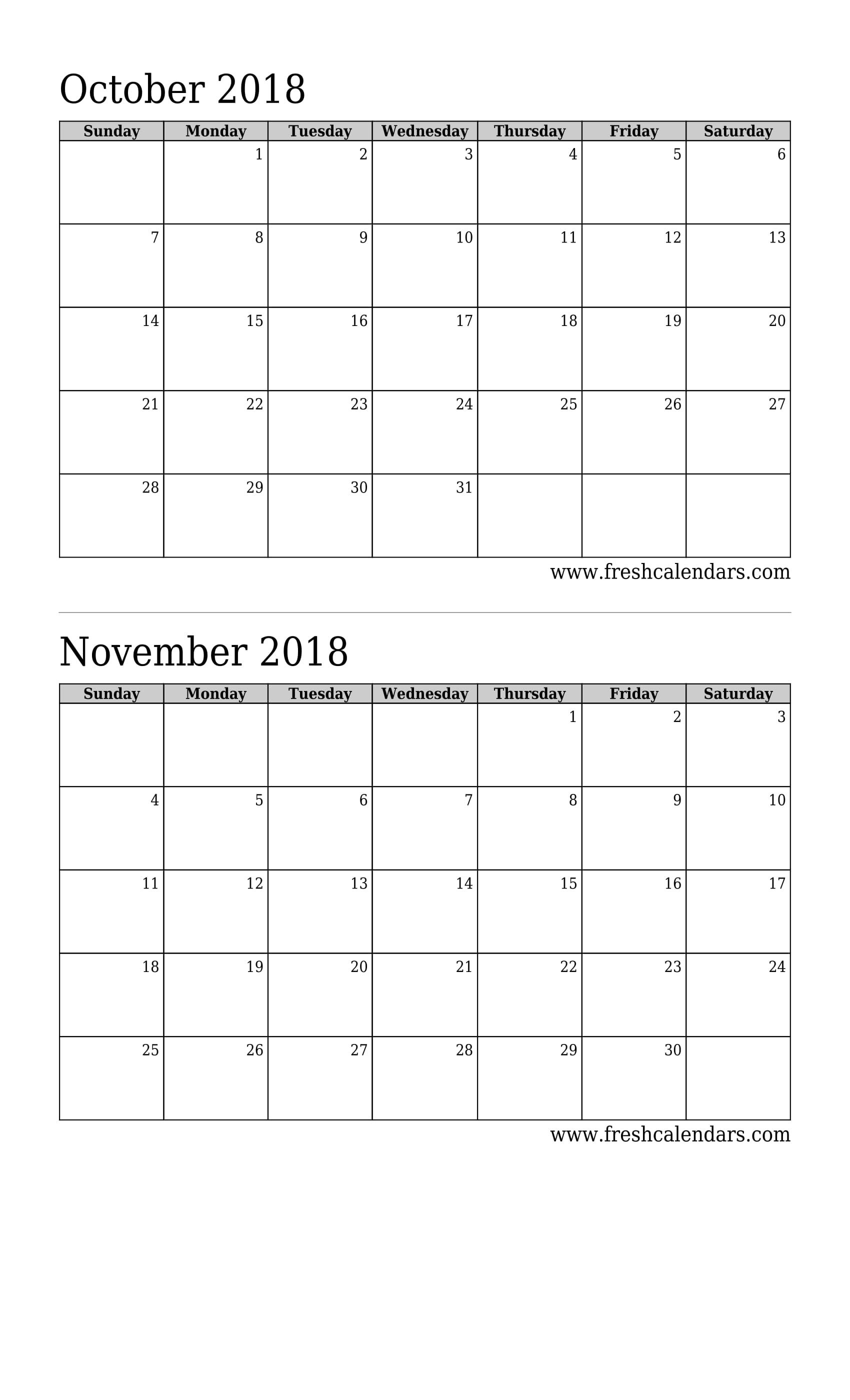 September October 2018 Calendar Printable | October Calendar Free Printable 2 Month Blank Calendar