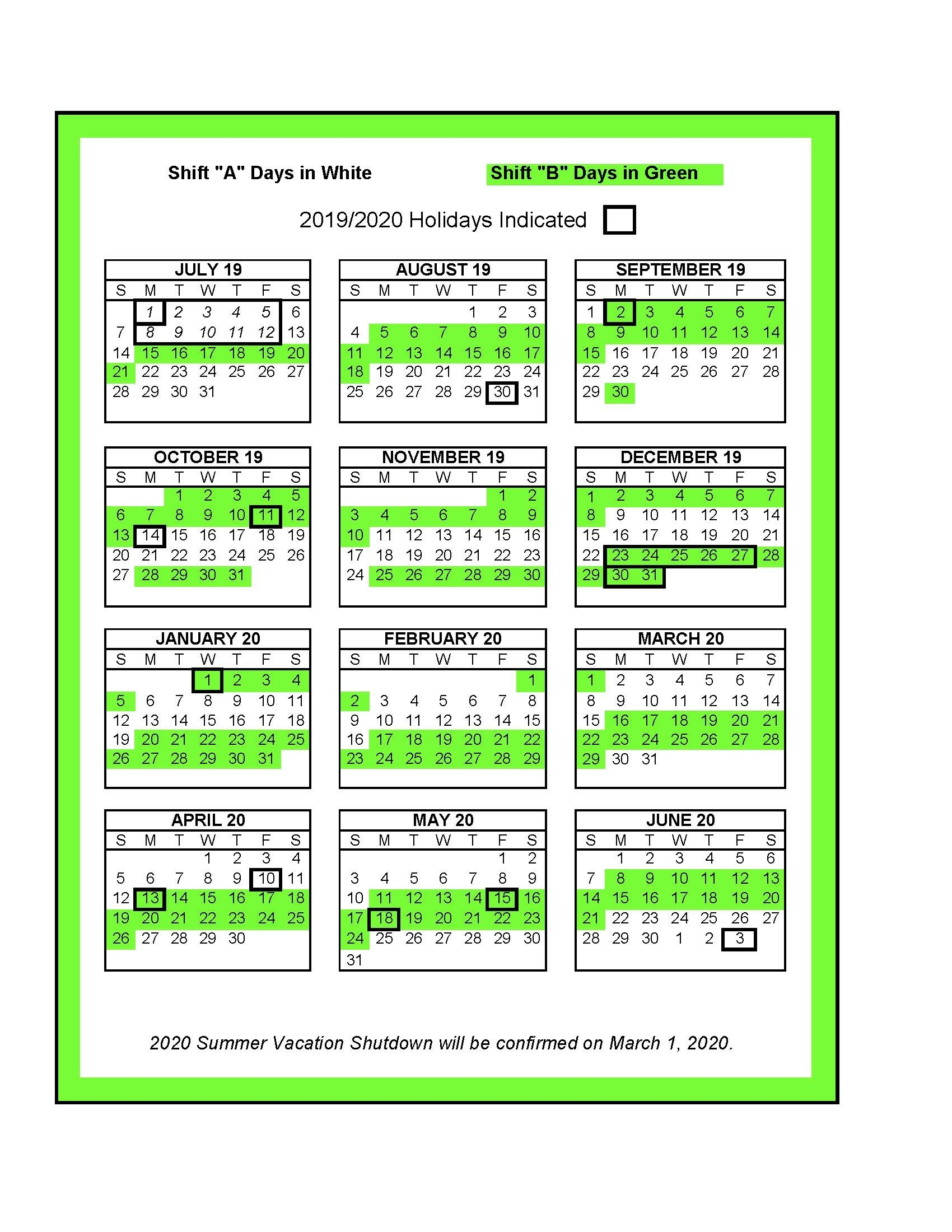 Shift-Calendar_2019-2020 – Unifor Local 88 Dashing 2020 Ontario Calendar With Holidays