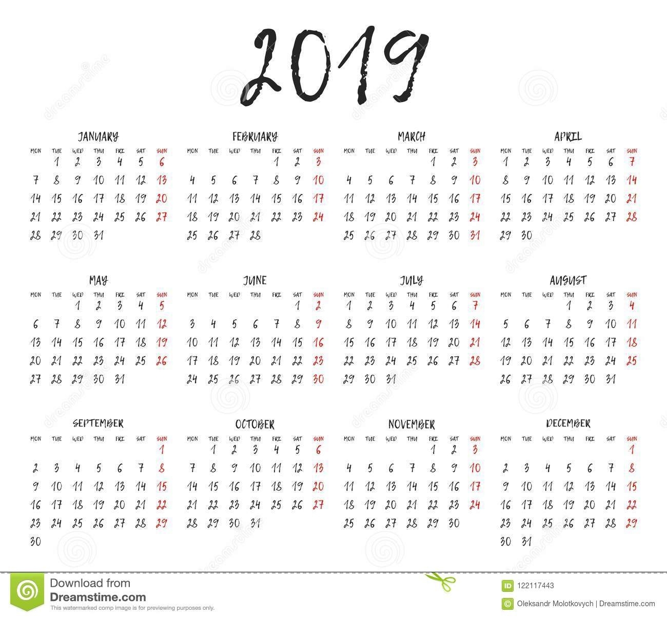 Simple Calendar Grid For 2019. Calendar Template. Week Exceptional Printable Calendar Week Starts On Monday