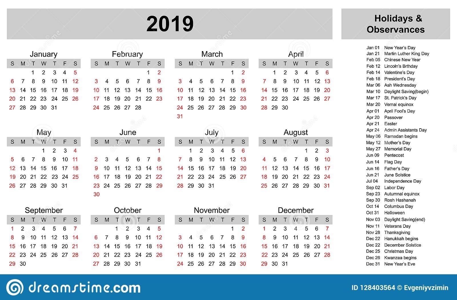 Simple Calendar Template For 2019 Year With Holidays And Extraordinary 2020 Calendar With Holidays And Observances