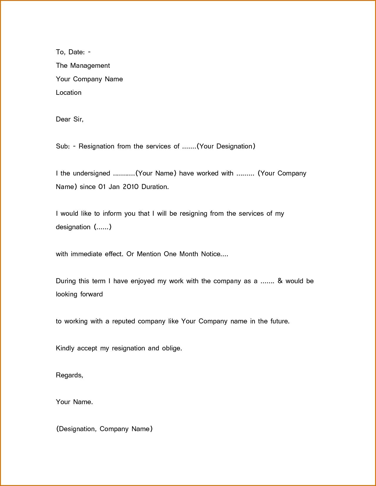 Simple Resignation Letter Sample 1 Month Notice | New Templates For One Months Notice Period