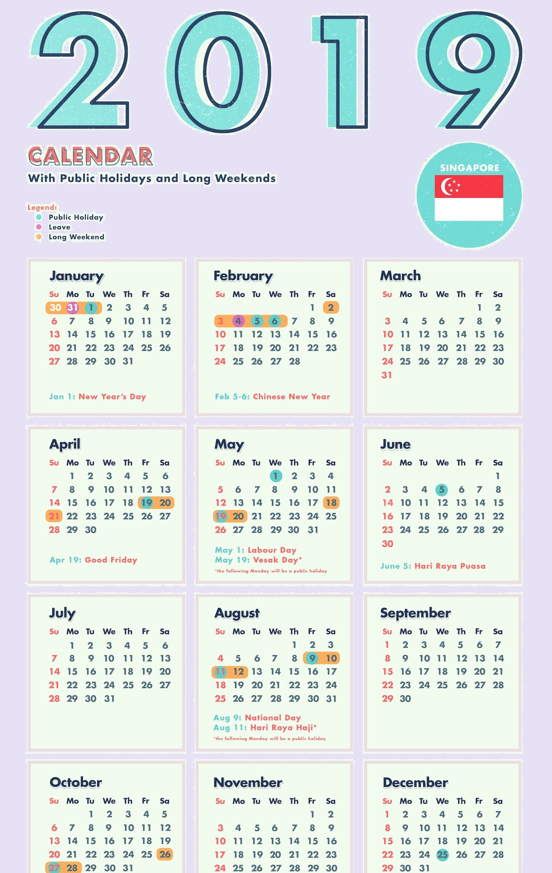 Singapore 2019 Calendar Template Pdf, Excel, Word | Public Exceptional Printable Calendars With Chinese Lunar Calendar