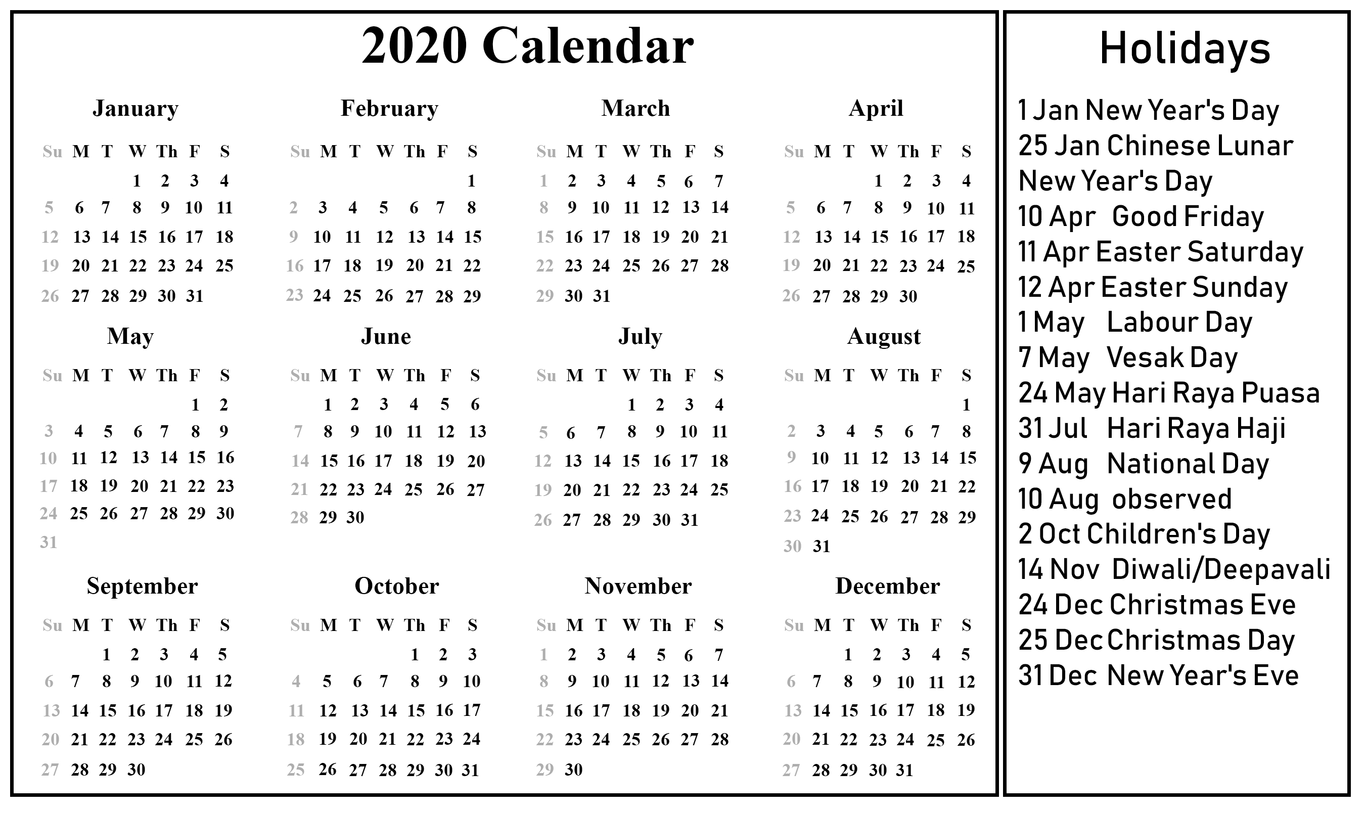 Singapore 2020 Printable Holidays Calendar | Printable Perky Singapore 2020 Calendar With Holidays