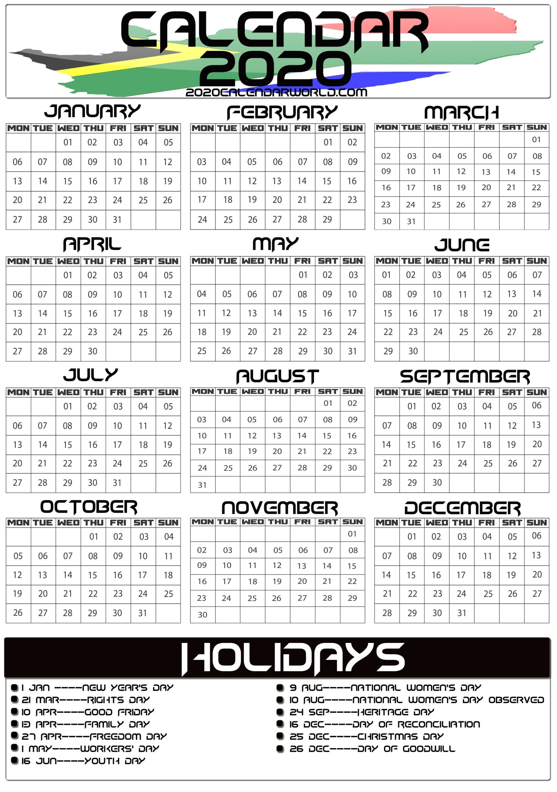 South Africa 2020 Calendar With Holiday Printable Template 2020 Calendar South Africa Pdf