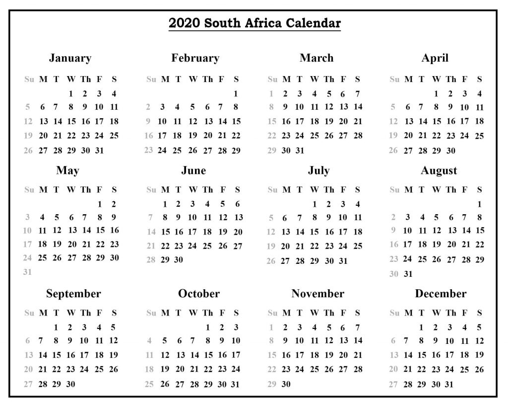 Exceptional School Calendar 2020 South Africa • Printable Blank