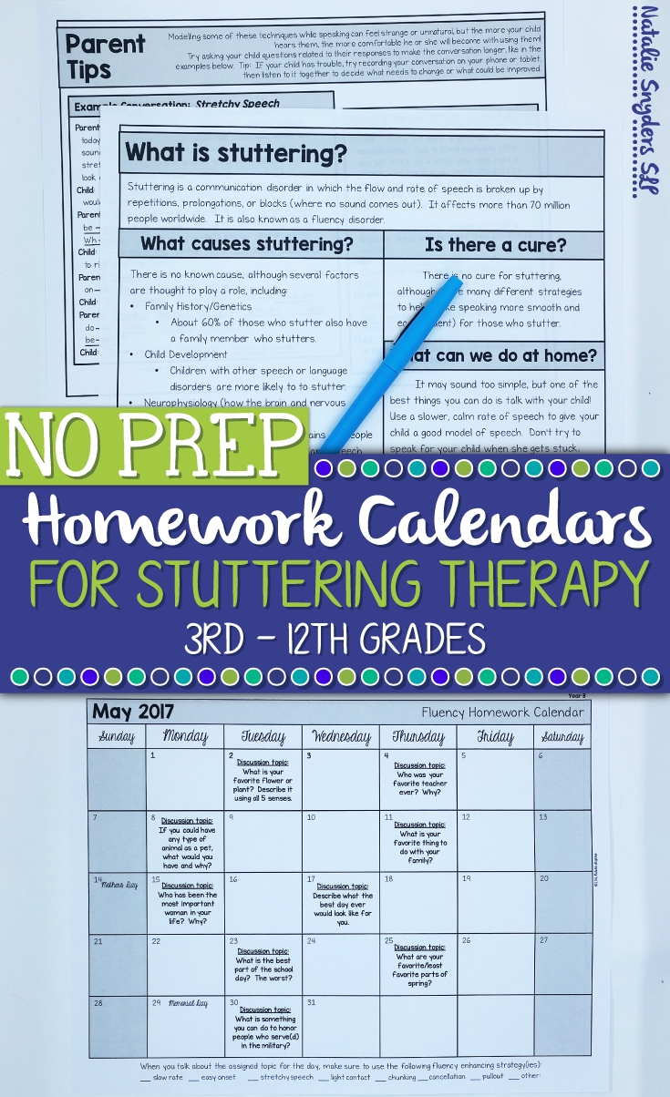 Stuttering Homework Calendars For Slps | Speech Therapy Weekly Homework 3Rd Grade Calendar
