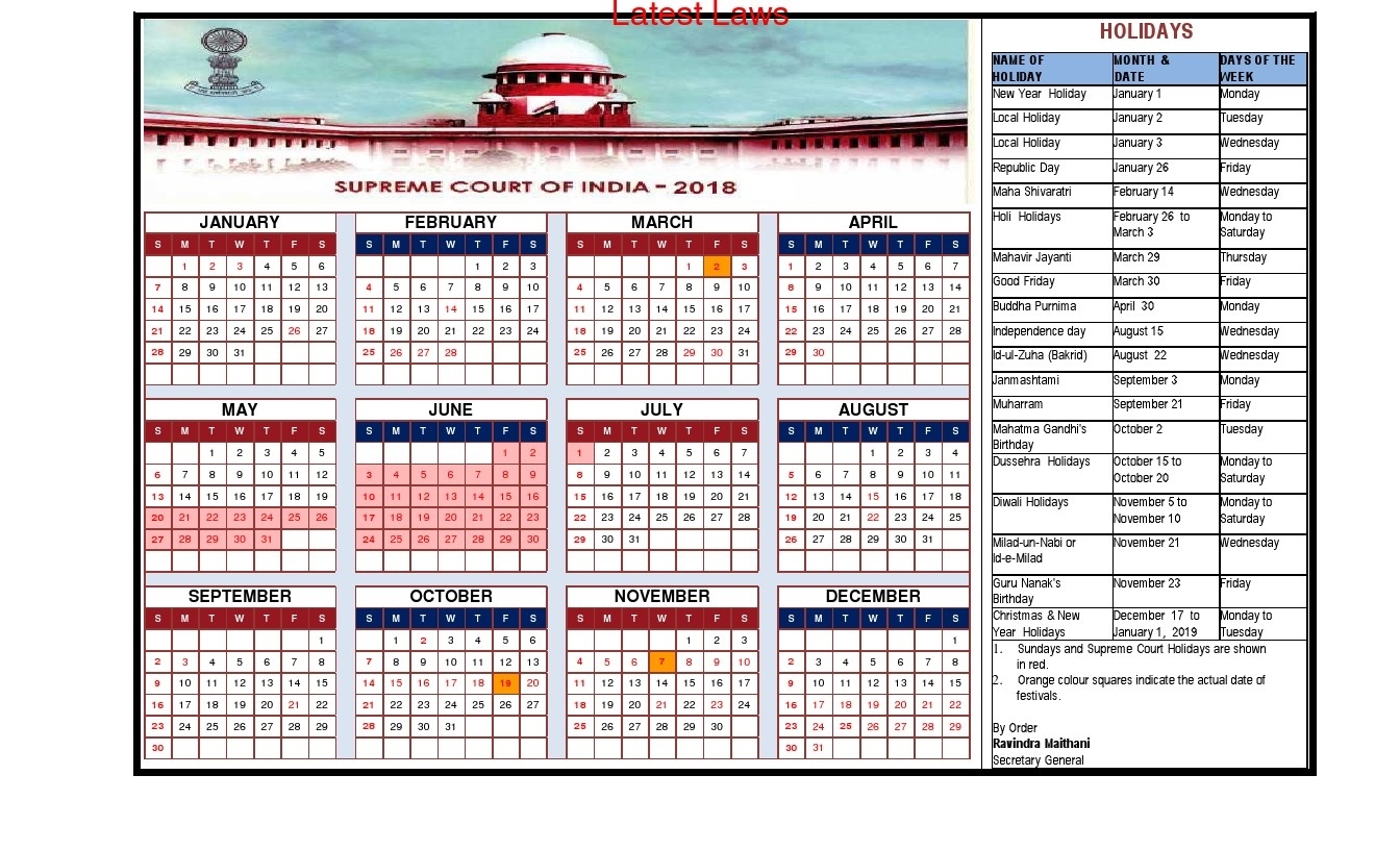 Supreme Court Releases Its 2018 Calendar And List Of Holidays Perky Delhi High Court Holidays 2020