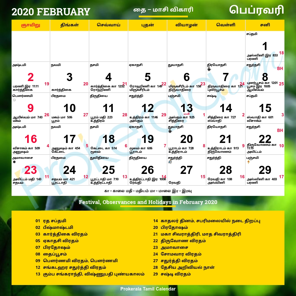 Tamil Calendar 2020, February 2020 Calendar In Tamil