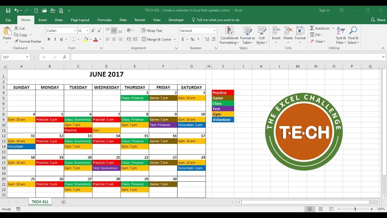Tech-011 - Create A Calendar In Excel That Automatically Updates Colors By  Event Category How To Make A Count Down Calander With Excel