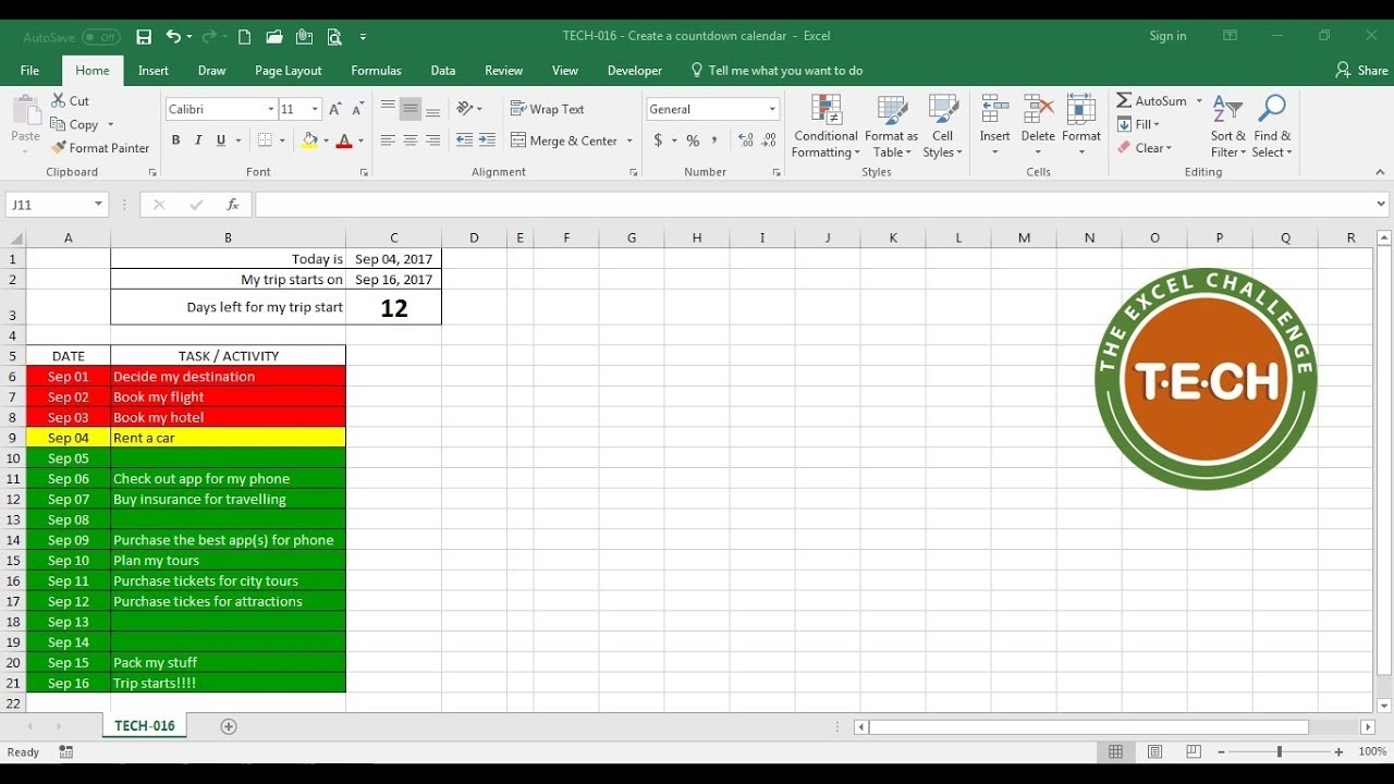 Tech-016 - Create A Countdown Calendar And Combine It With Conditional  Formatting For Each Task Creating A Countdown In Excel