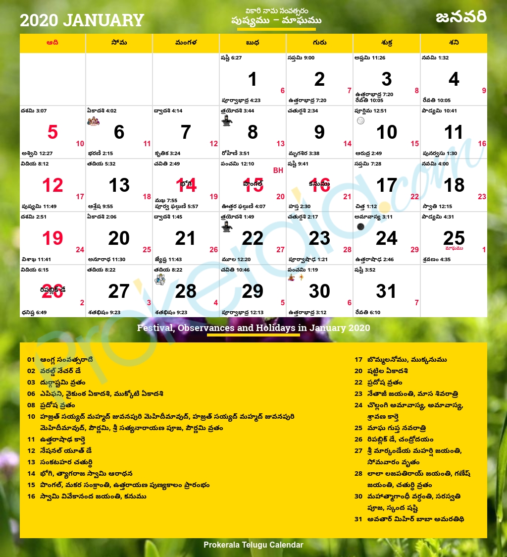 Telugu Calendar 2020, January 2020 Telugu Calendar January