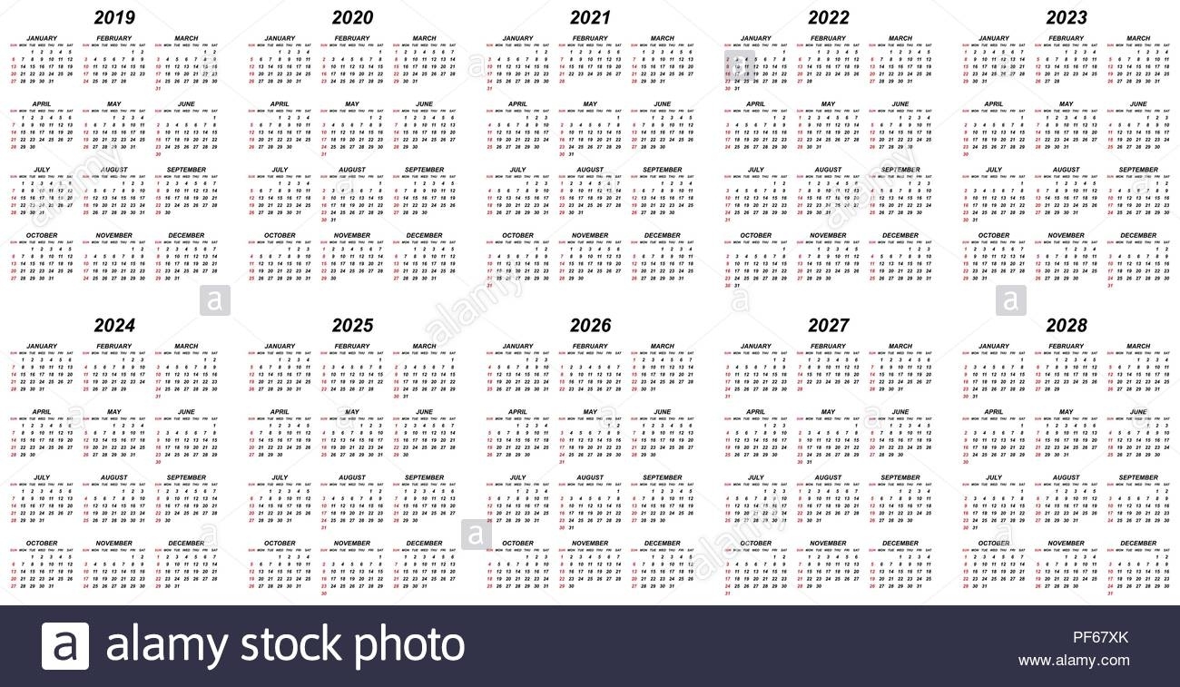 Ten Years Simple Editable Vector Calendars For Year 2019 Calendar 2020 To 2025