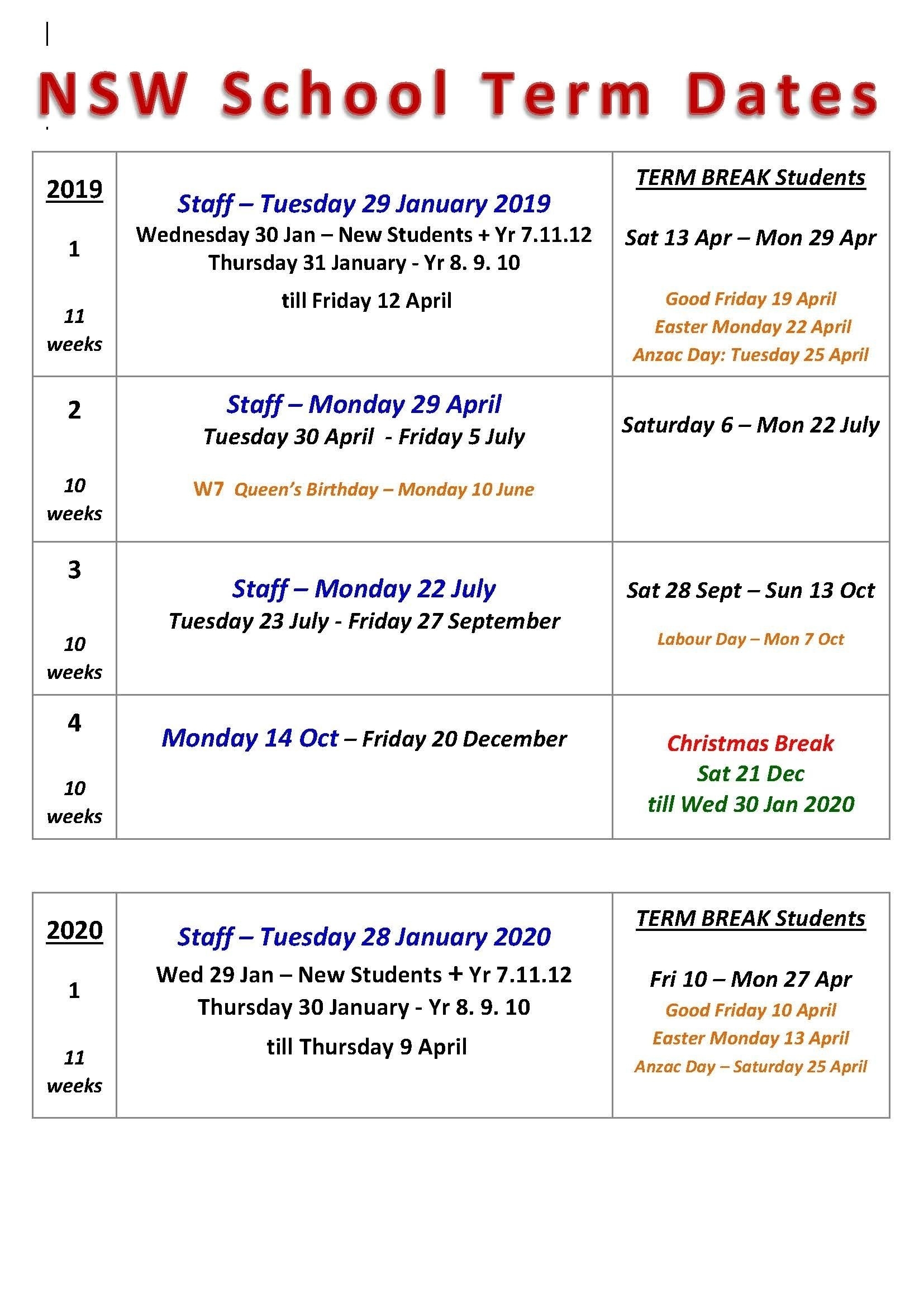 Term Dates | Chatswood High School Dowload | School Holiday School Calendar 2020 With Nsw School Terms Printable
