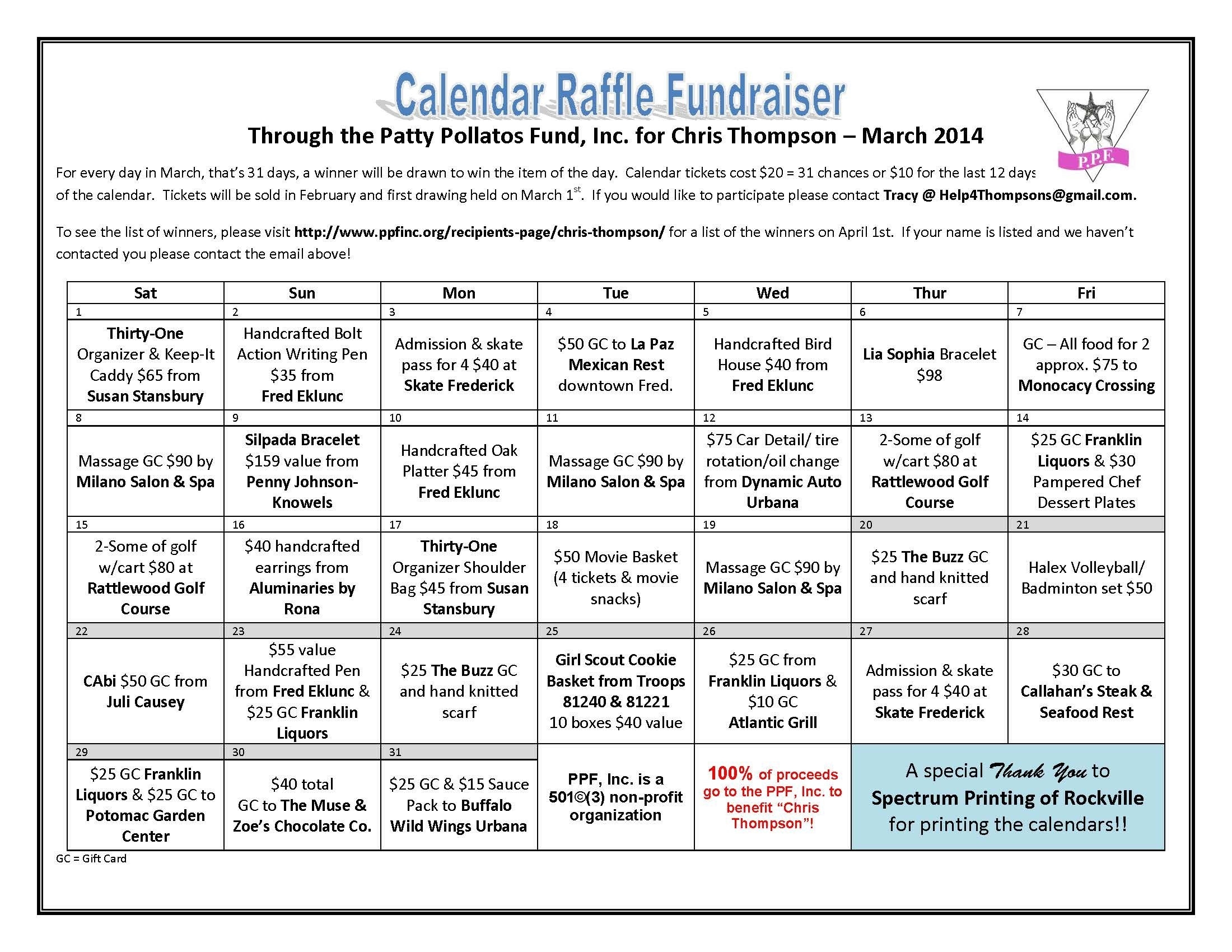 Thompson Raffle Fundraiser Calendar Final | Fundraising Impressive Free Templates Calendar Cash Raffle