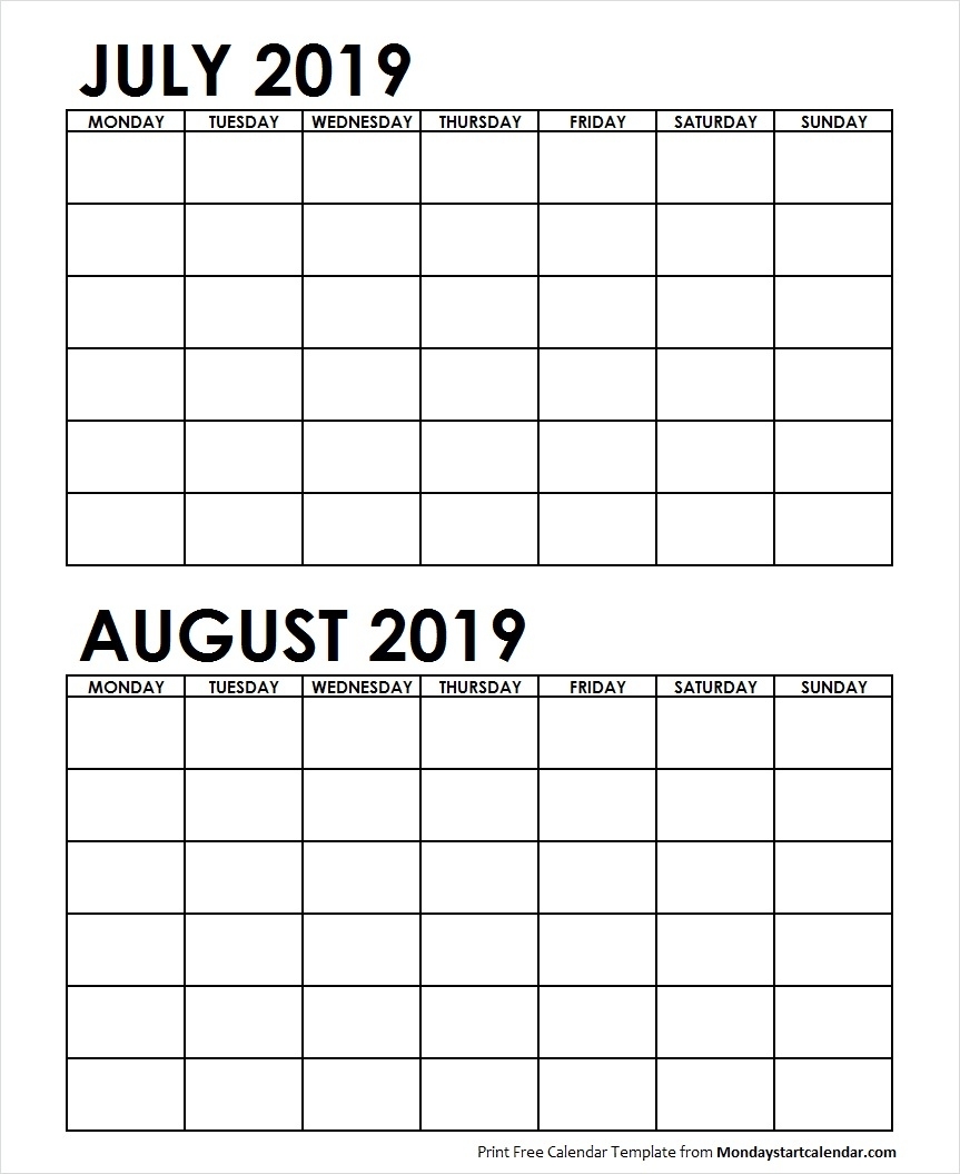 Two Month July August 2019 Calendar Blank | Two Months Template Free Printable Two Month Calendar