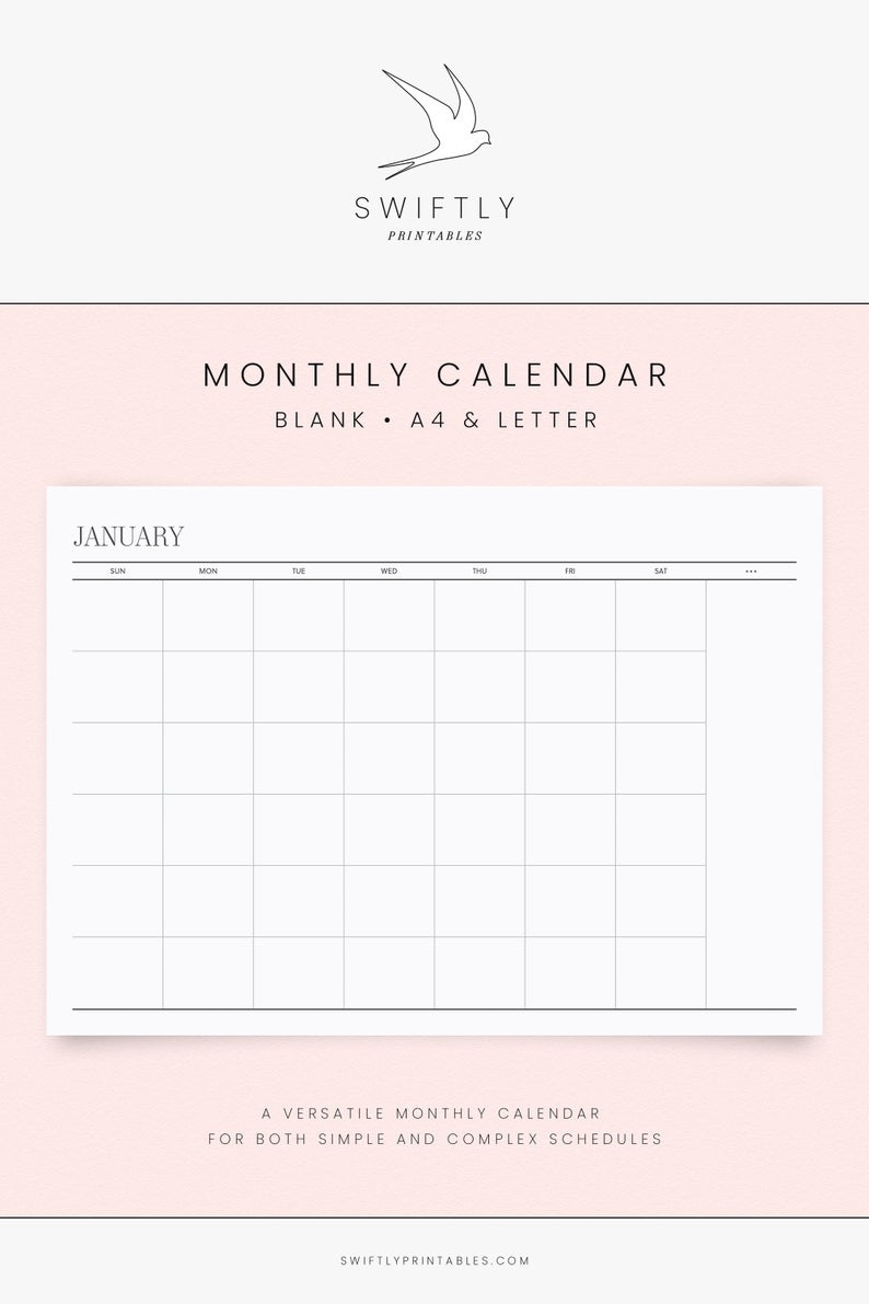 Undated Monthly Calendar Printable Planner For Wall Or Desk | Blank  Perpetual Month Inserts, Modern Minimalist | A4 &amp; Letter Landscape Page 4 Months To A Page Blank Planner 202