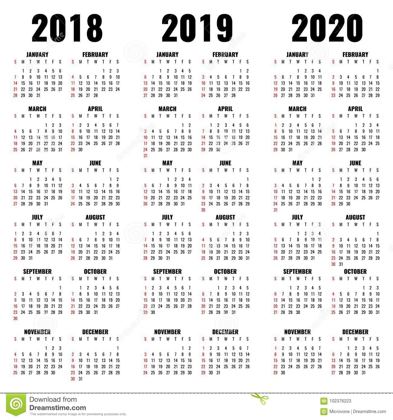 Vector Calendar Template 2018, 2019 And 2020 Years Stock Calendar Template 2020 Illustrator Template