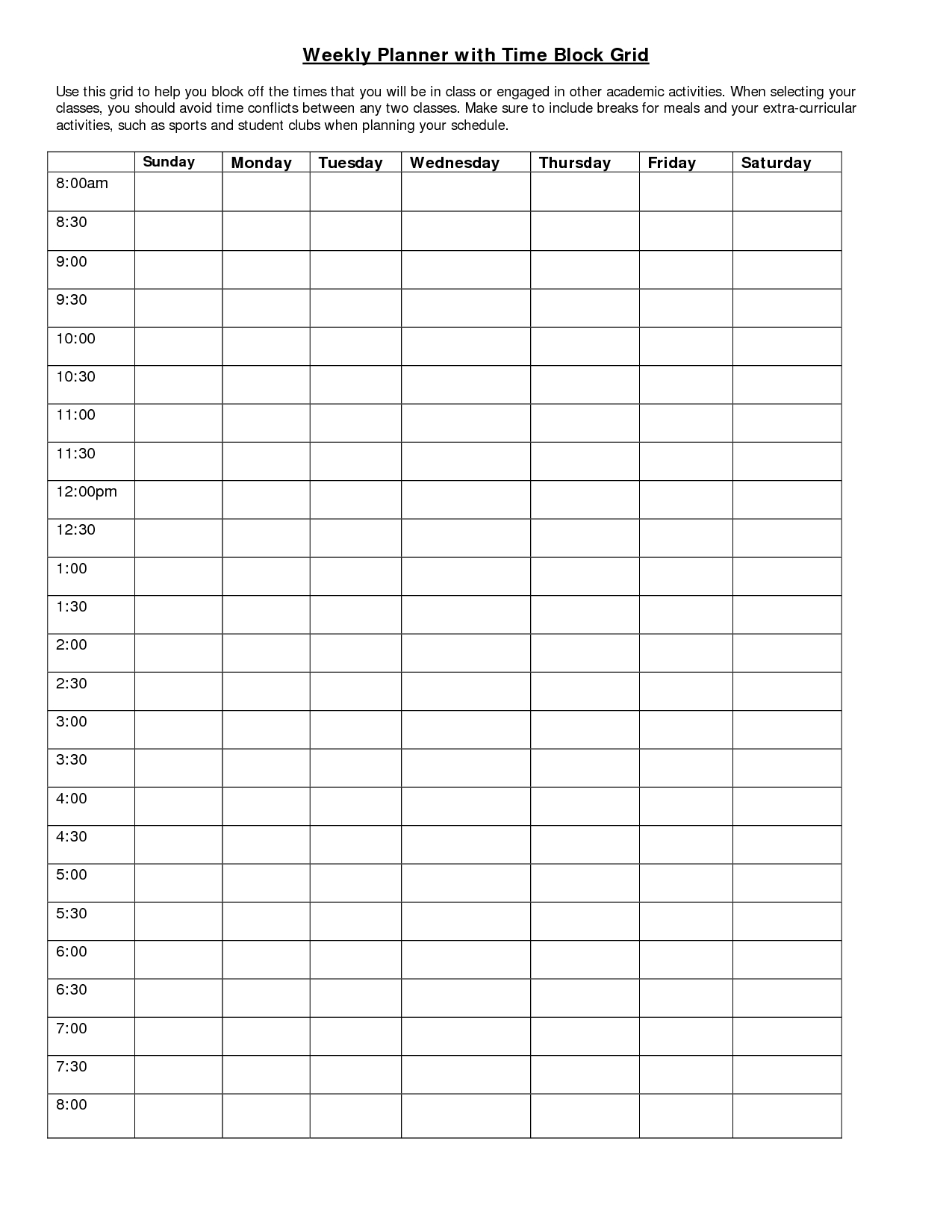 Weekly Planner With Time Block Grid | Weekly Planner Remarkable 24 Hour 7 Day Template