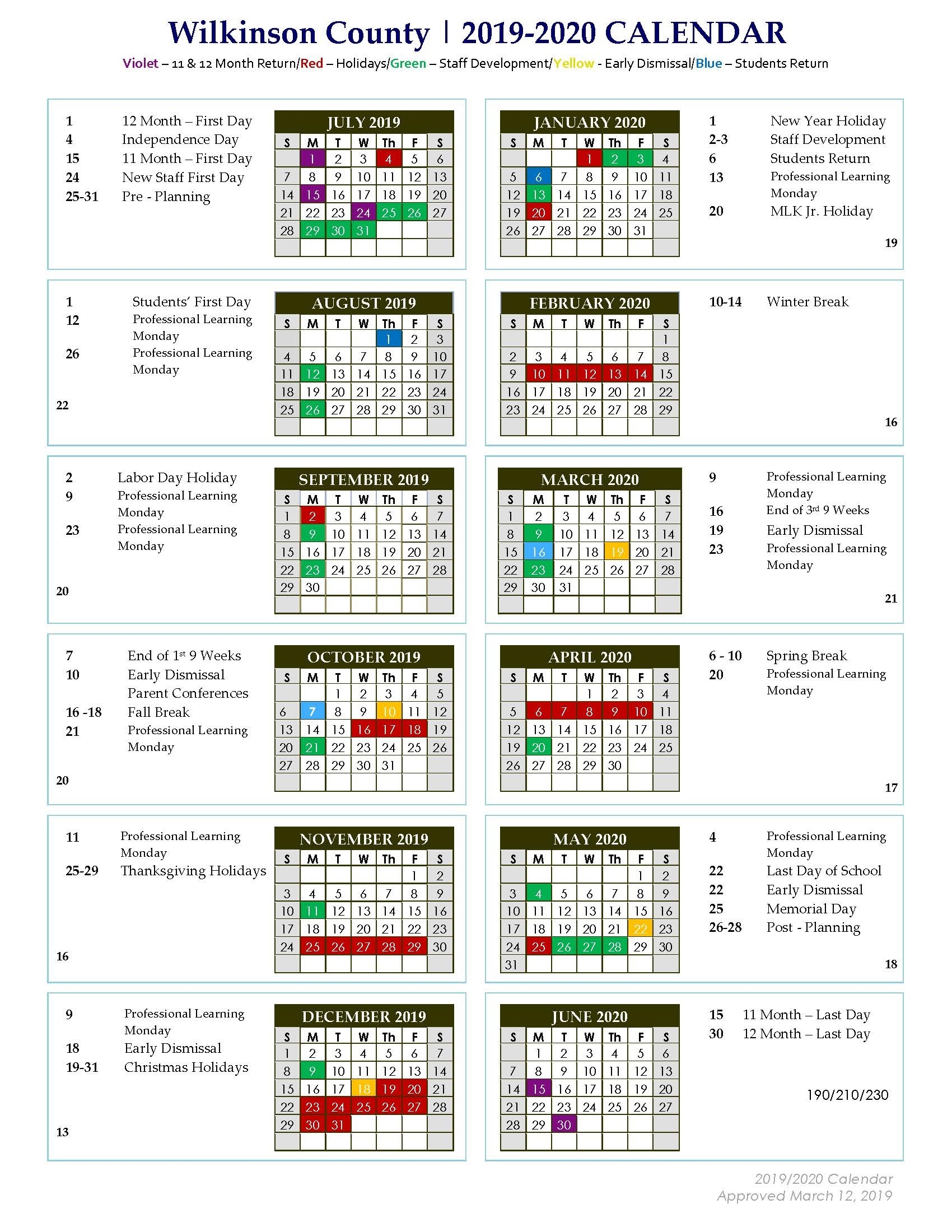 Wilkinson County High: 2019 - 2020 Approved District Calendar Ga Pre K School Calendar