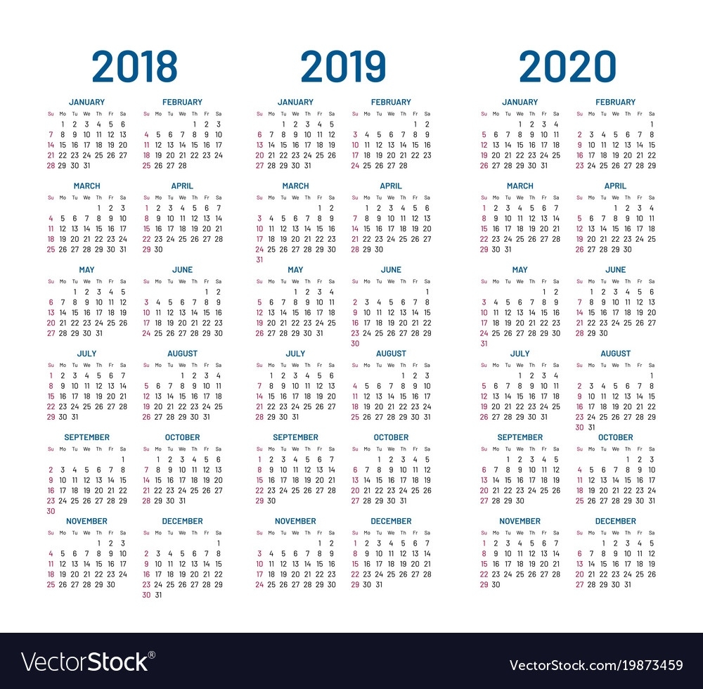 Year 2018 2019 2020 Calendar Impressive 2020 Calendar Free Vector