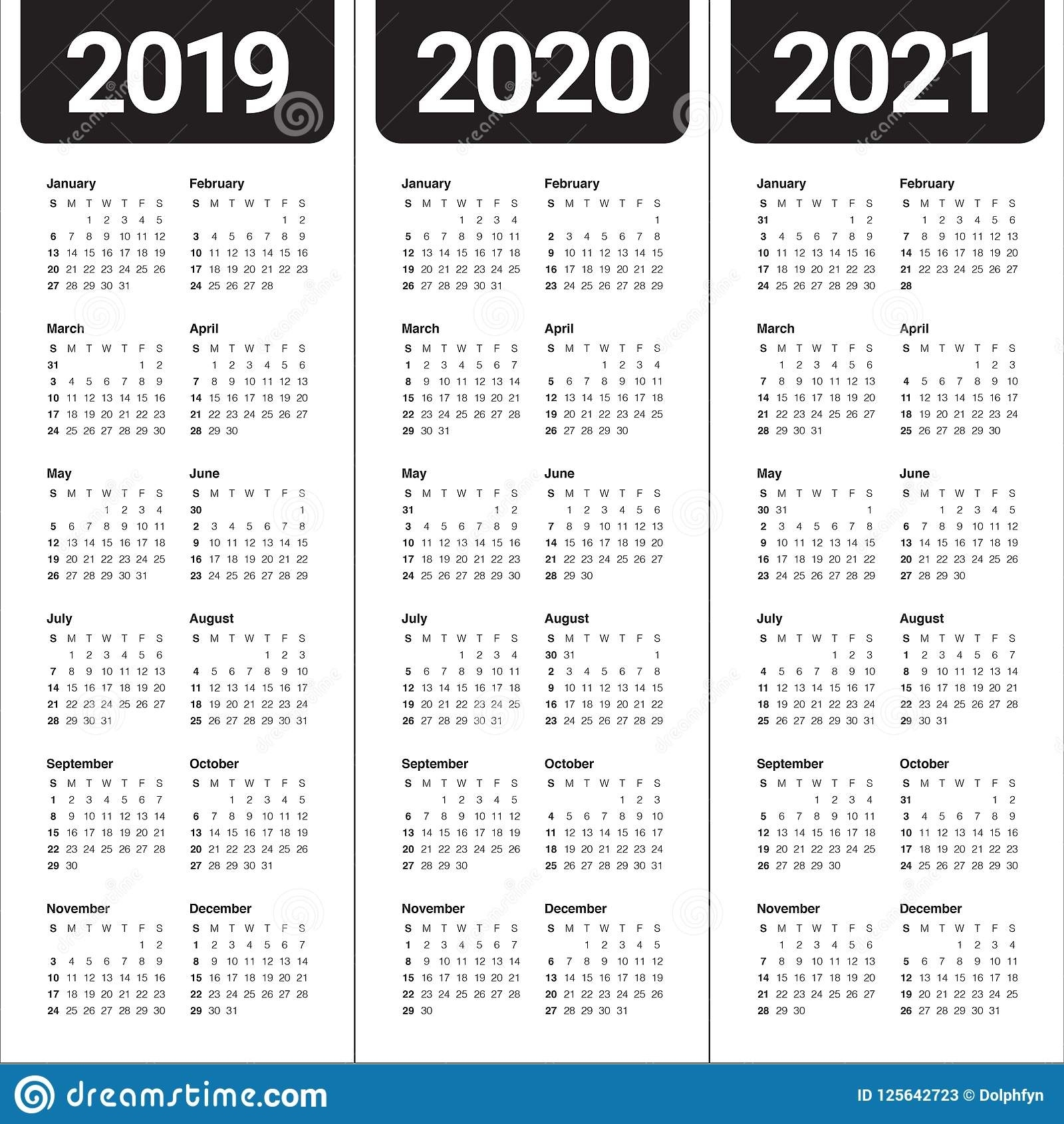 Year 2019 2020 2021 Calendar Vector Design Template Stock 4 Year Calendar 2019 To 2020