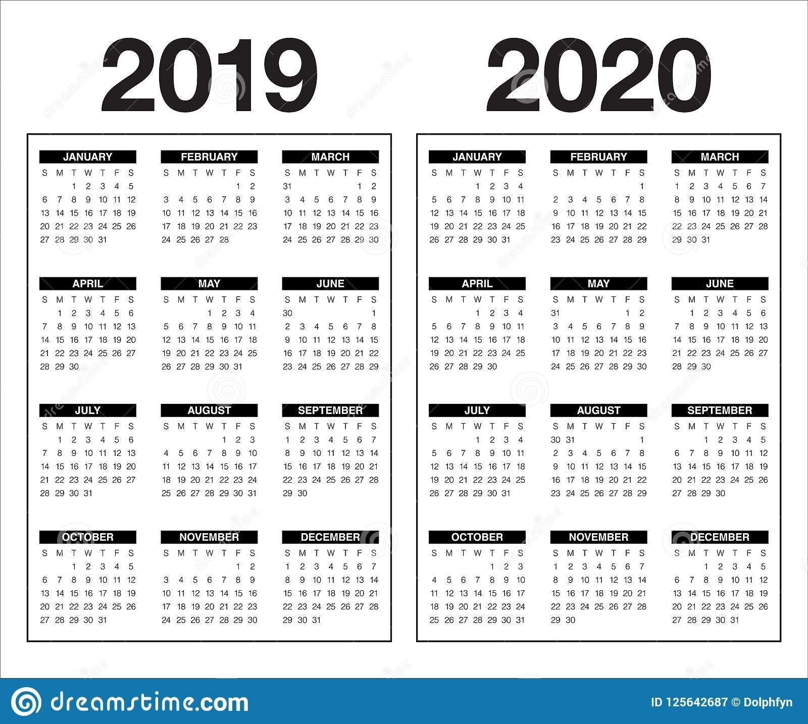 Year 2019 2020 Calendar Vector Design Template Stock Vector 4 Year Calendar 2019 To 2020
