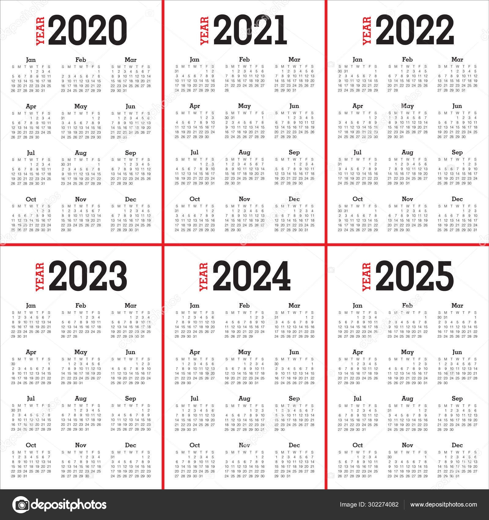 Year 2020 2021 2022 2023 2024 2025 Calendar Design — Stock Calendar 2020 To 2025