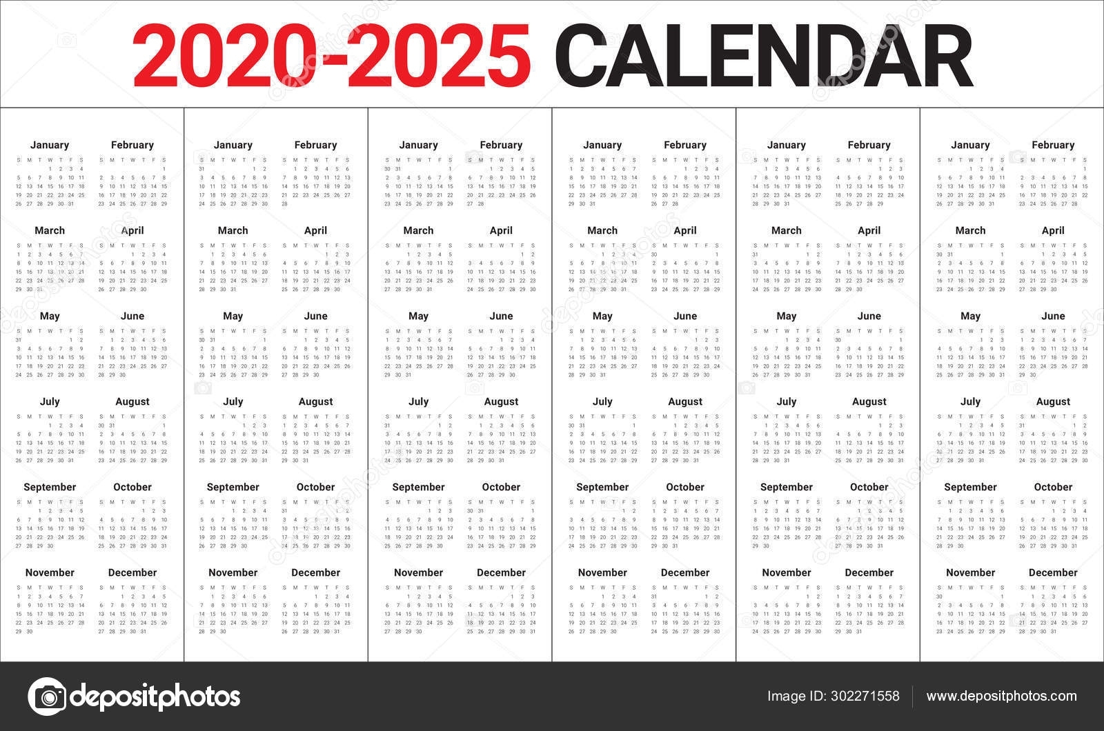 Year 2020 2021 2022 2023 2024 2025 Calendar Vector Design Calendar 2020 To 2025