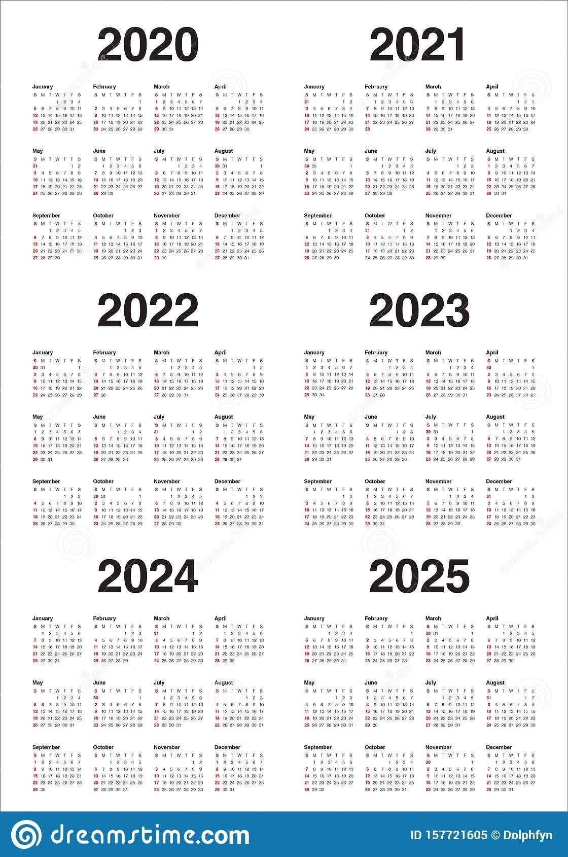 Year 2020 2021 2022 2023 2024 2025 Calendar Vector Design Calendar 2020 To 2025