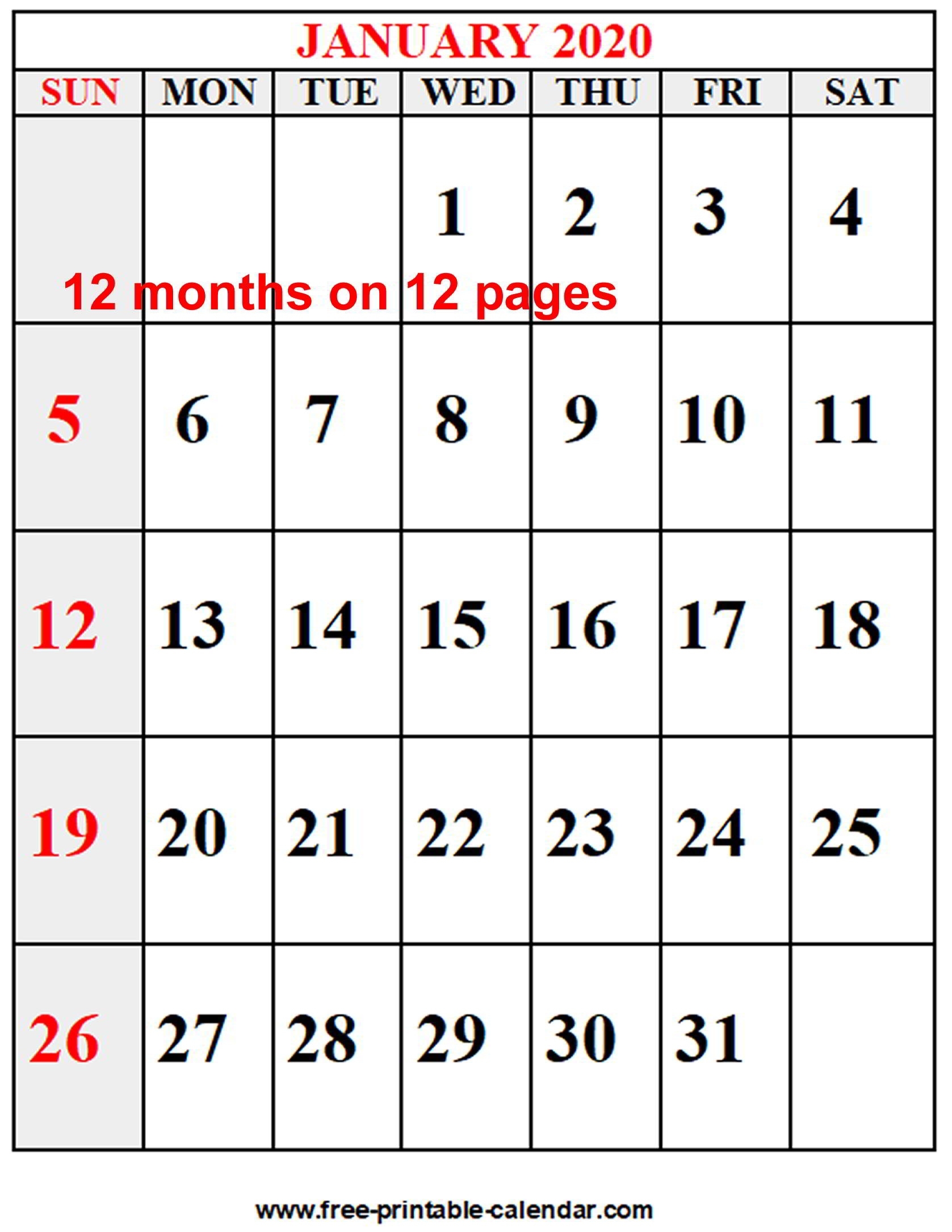 Year 2020 Calendar - Free-Printable-Calendar Extraordinary Free 2020 Calendar With Note 12 Pages